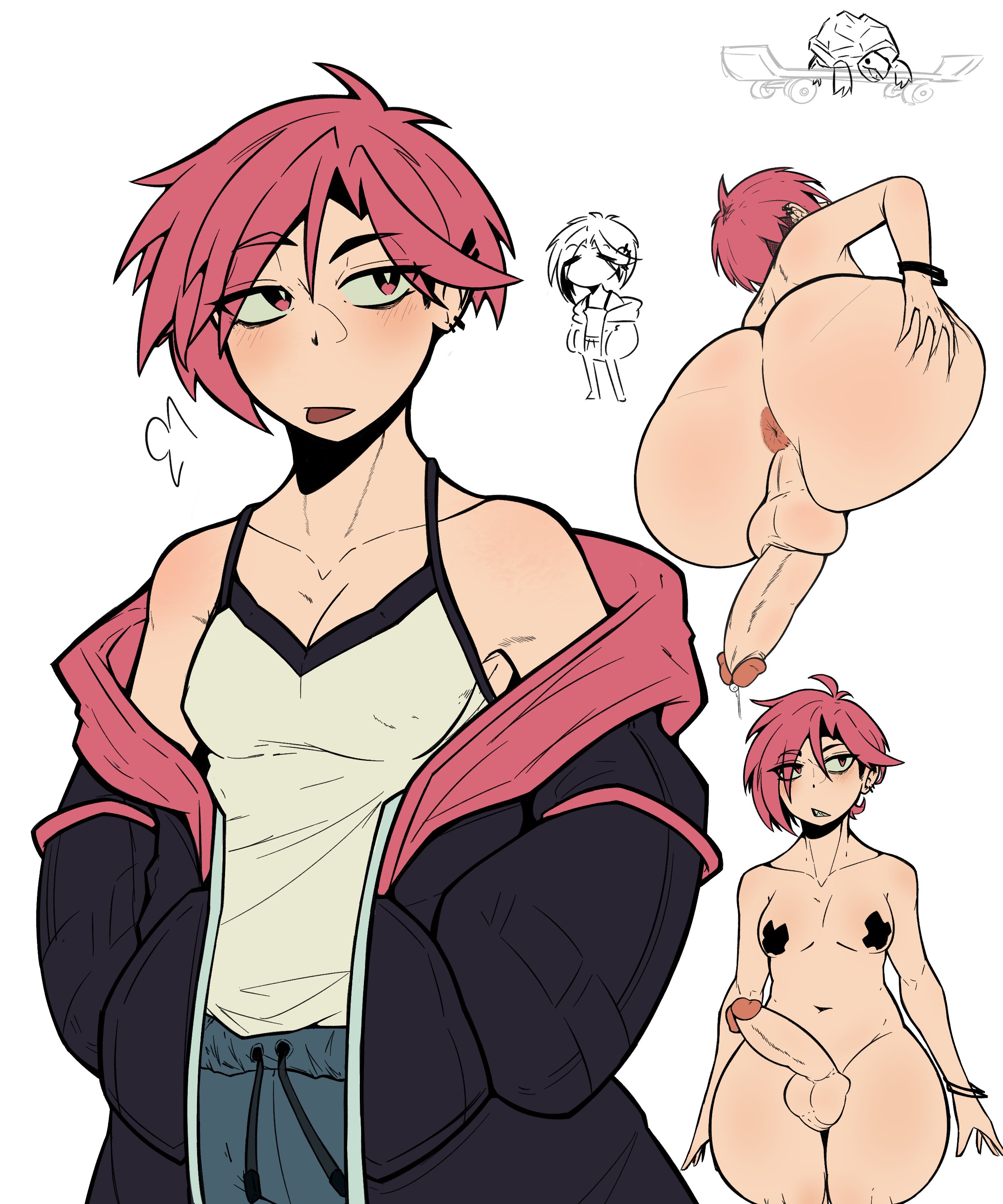 anus, big ass, big penis, character request, femboy, pasties, pink hair, short hair, vitker