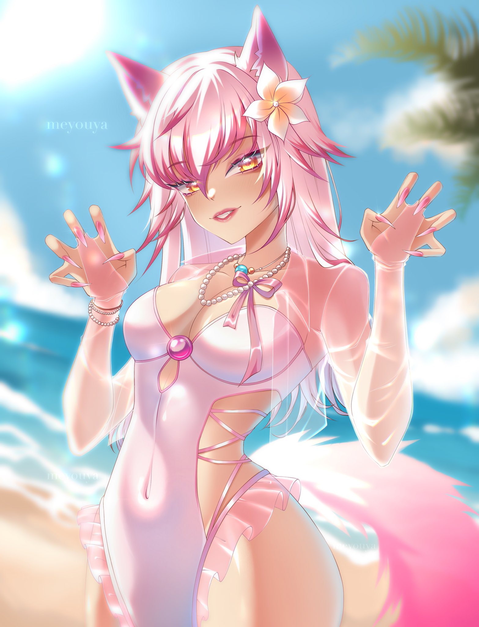 1girls, 2d, ami han, beach, breasts, breasts out, brown eyes, claws, clothed, female, fox ears, fox girl, fully clothed, long hair, marvel, marvel rivals, medium breasts, official alternate color, official alternate costume, pink hair, pink swimsuit, solo, swimsuit, white fox (coastal kumiho), white fox (marvel rivals), white fox (marvel)