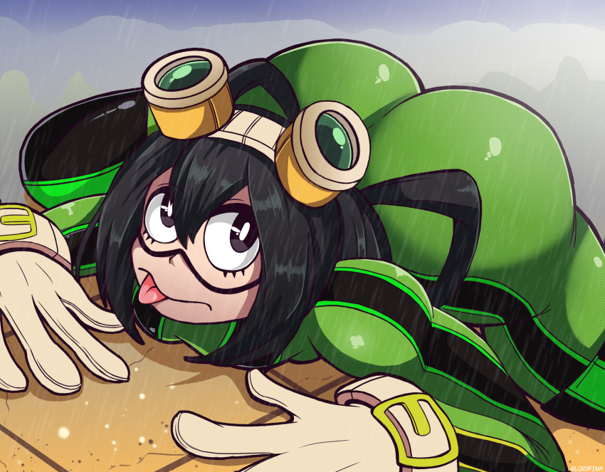 1girl, 1girls, 2026, 2d, all fours, ass, big ass, black eyes, bodysuit, boku no hero academia, breasts, clothed, clothed female, frog girl, fully clothed, gloves, goggles, goggles on head, green hair, hero outfit (mha), huge ass, lordfink, my hero academia, questionable, rain, skin tight, solo, solo female, superheroine, teenager, tongue, tongue out, tsuyu asui