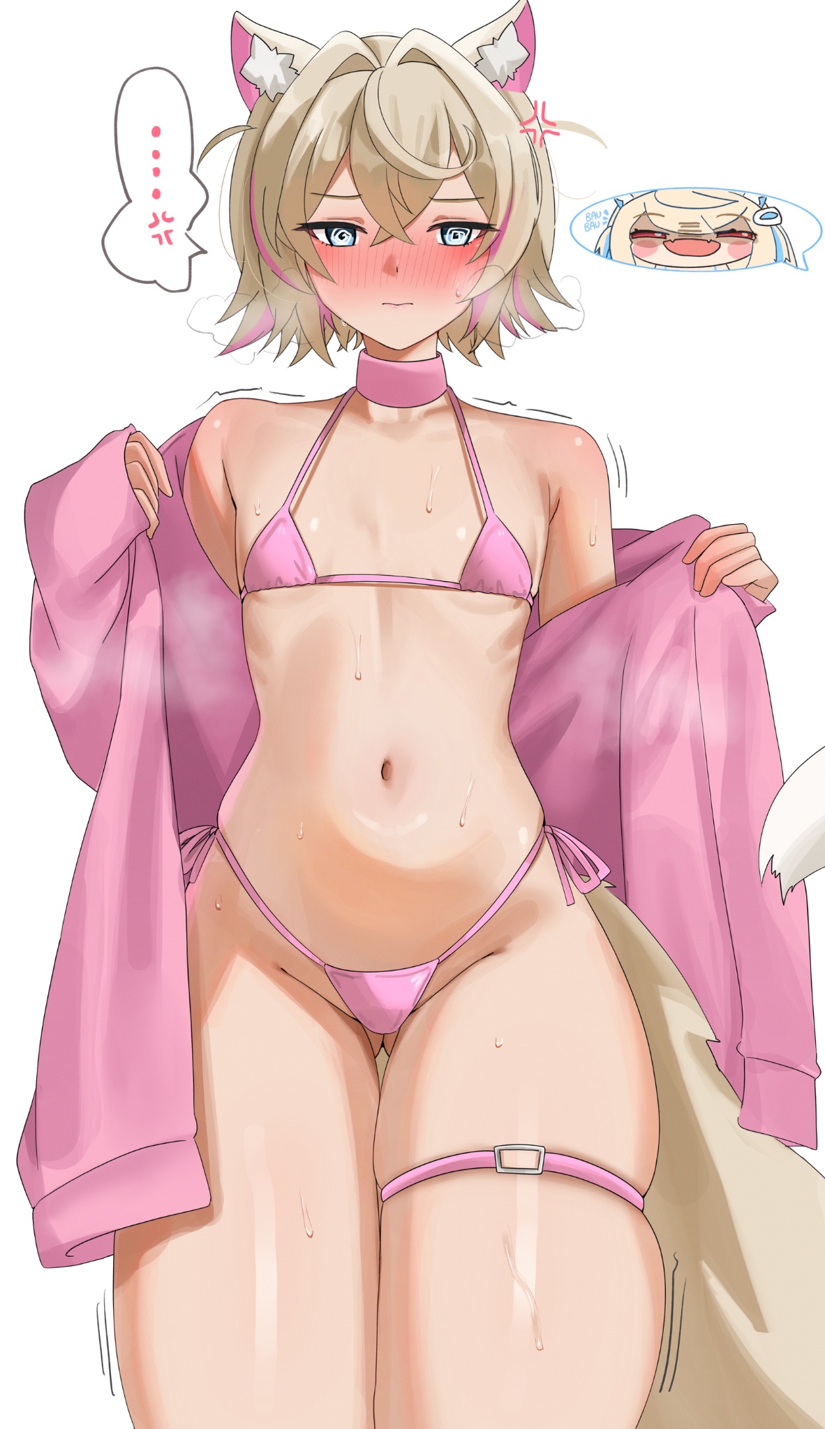 ..., 2girls, anger vein, animal ears, bikini, blonde hair, blue eyes, blush, choker, commentary, cowboy shot, crossed bangs, dog ears, dog girl, dog tail, double-parted bangs, english commentary, flat chest, fuwawa abyssgard, hair between eyes, hair intakes, highres, holoadvent, hololive, hololive english, jacket, looking at viewer, mococo abyssgard, multicolored hair, multiple girls, navel, off shoulder, pink bikini, pink choker, pink jacket, pink streaks, short hair, simple background, solo focus, speech bubble, spoken character, stomach, streaked hair, swimsuit, tail, two side up, virtual youtuber, white background, yobi (ybpac18)