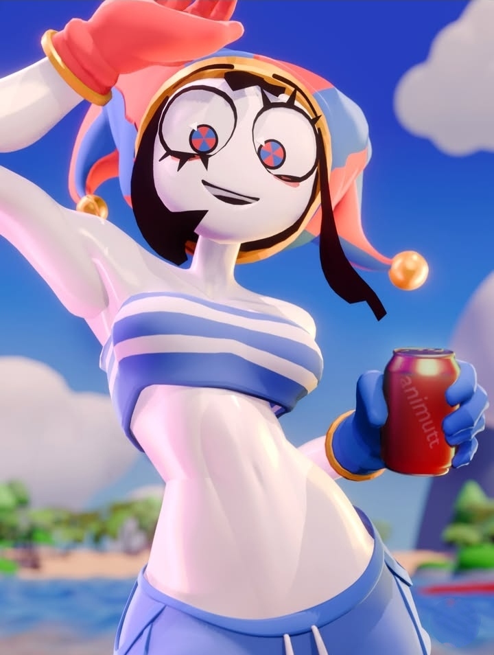 1girls, 2026, 3d, 3d (artwork), accurate art style, artist name, artist request, artist signature, bikini, blue and red eyes, blue gloves, female, female protagonist, glitch productions, gta vi cover girl, holding object, instagram link, jester, looking at viewer, no ai, outdoors, pale skin, pale-skinned female, pomni (the amazing digital circus), red and blue eyes, red gloves, soda can, solo, striped bikini, swimsuit, the amazing digital circus, tubetop, two tone eyes, white body, white skin