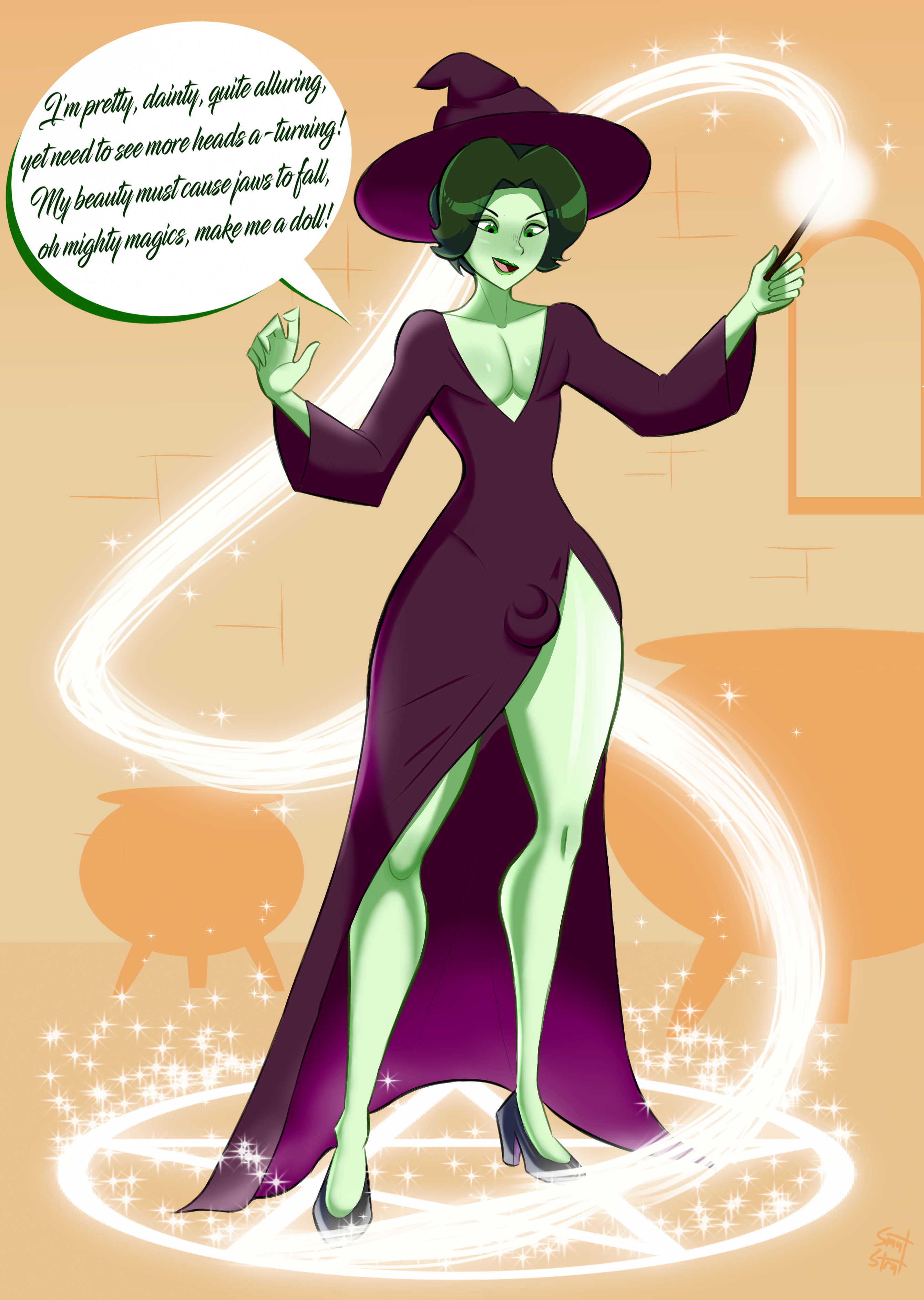 1boy, androgynous, bulge, crossdressing, femboy, girly, green hair, green skin, green-skinned femboy, high heels, light skin, light-skinned femboy, lipstick, long legs, magic, male, male only, male witch, original, sequence, simple background, sissy, smutstrut, solo, speech bubble, thick thighs, transformation, transformation sequence, trap, viridian (sealguy), witch, witch boy