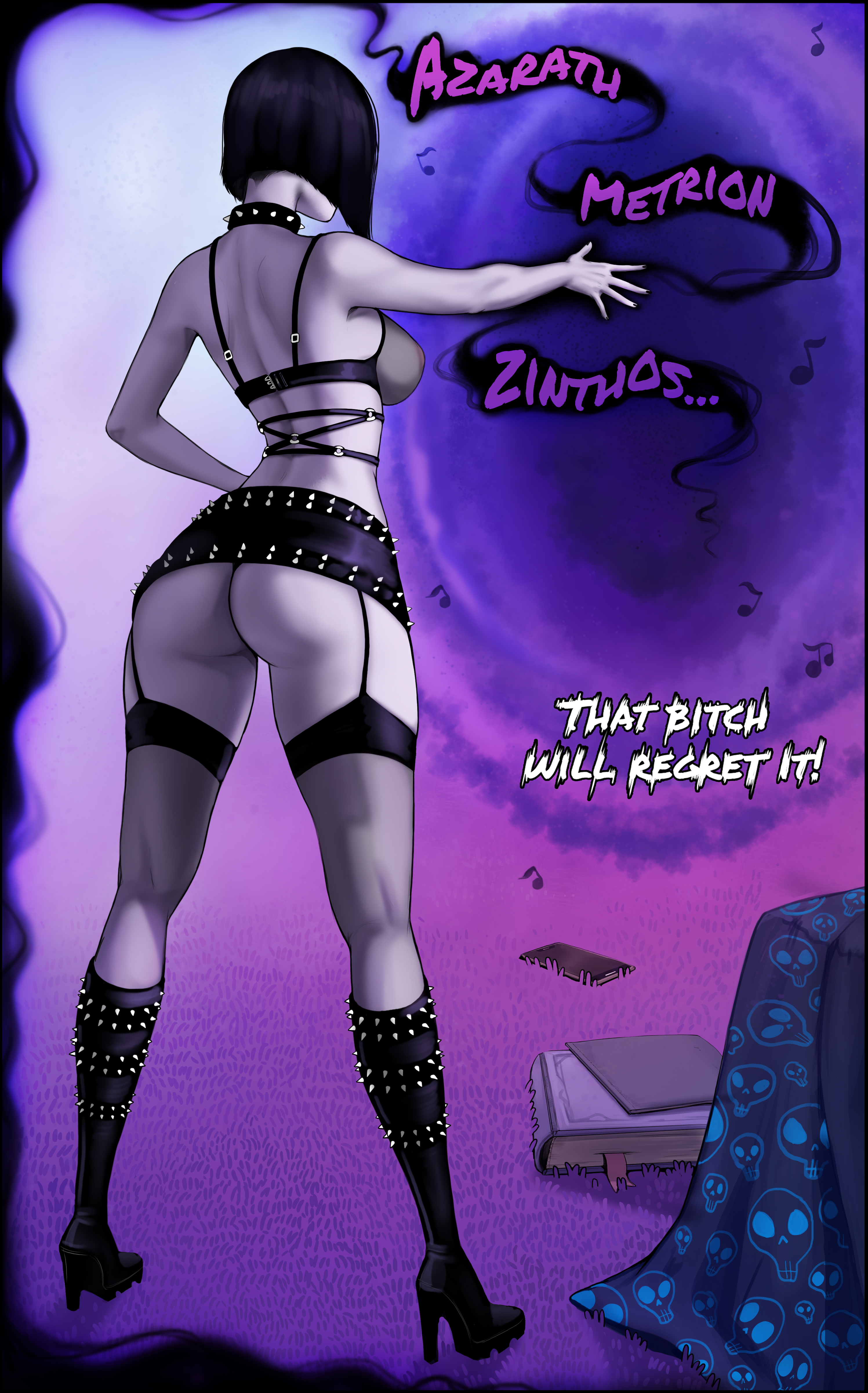 1girls, aroma sensei, ass, ass focus, big ass, black legwear, black shoes, book, boots, breasts, collar, comic, dc, dc comics, female, goth, goth girl, high heel boots, high heels, lingerie, medium breasts, portal, rachel roth, raven (dc), sheer clothing, sheer legwear, short hair, skull print, solo, spiked belt, spiked boots, spiked collar, spikes, studs, tagme, teen titans, text