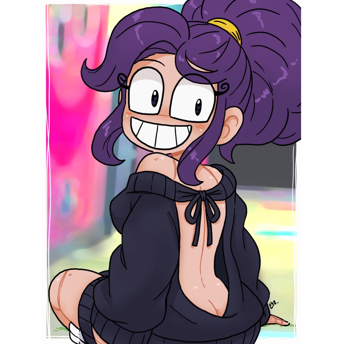 1girls, back view, black eyes, eyzmaster, humanoid, humanoid female, lily lovebraids, long hair, looking at viewer, looking back, poppy playtime, poppy playtime (chapter 5), purple hair, smile, smiling at viewer, sole female, tagme, toy