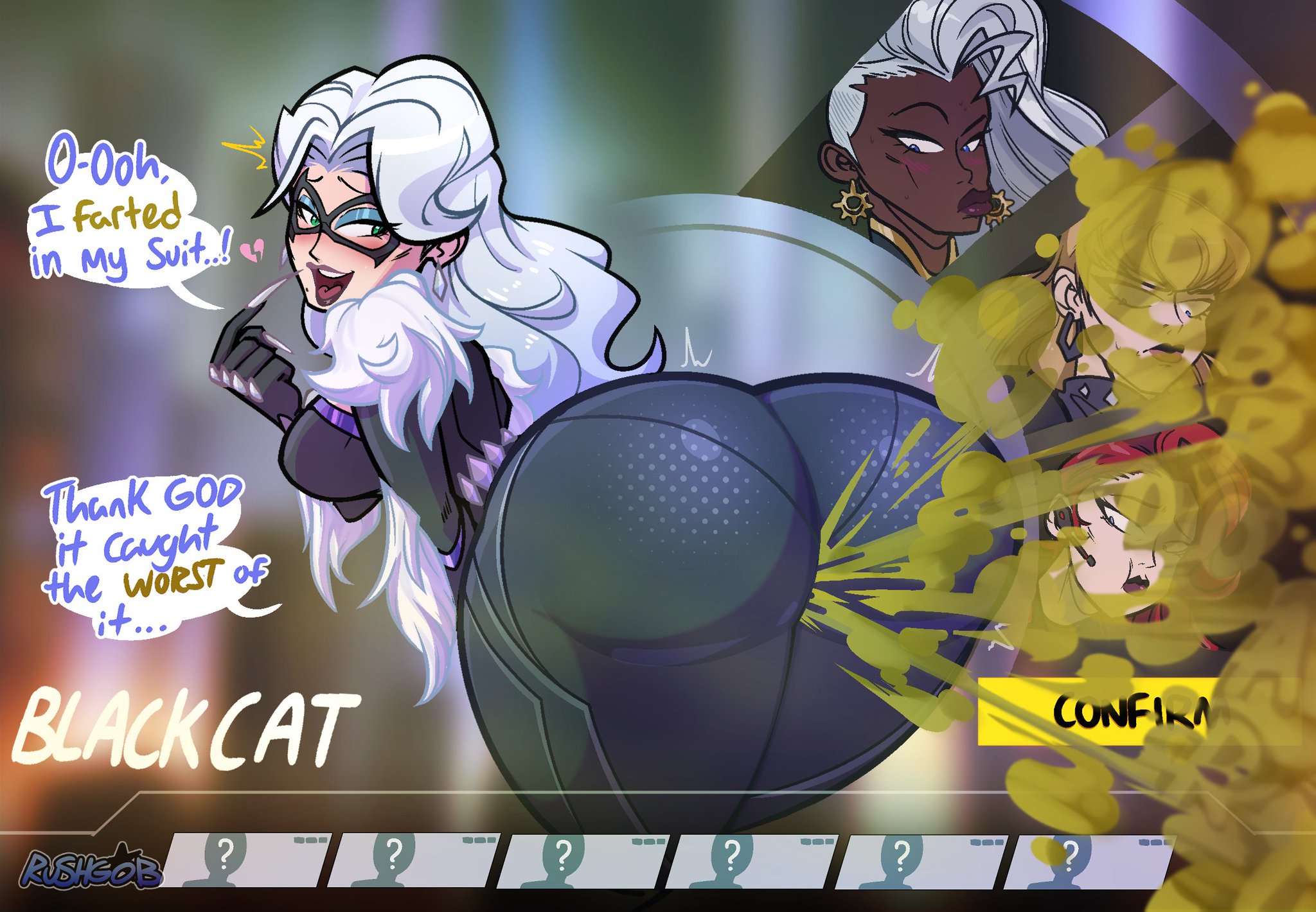 2d, 4girls, ass focus, big ass, black cat (marvel rivals), black cat (marvel), black widow (marvel rivals), black widow (marvel), clothed, enjoying farting, fart, fart cloud, fart fetish, farting, felicia hardy, fully clothed, joke reference, magik (illyana rasputin), magik (marvel rivals), marvel, marvel comics, marvel rivals, meme reference, rushgob, spider-man (series), storm (marvel rivals), storm (x-men), suit, text, video games, white hair