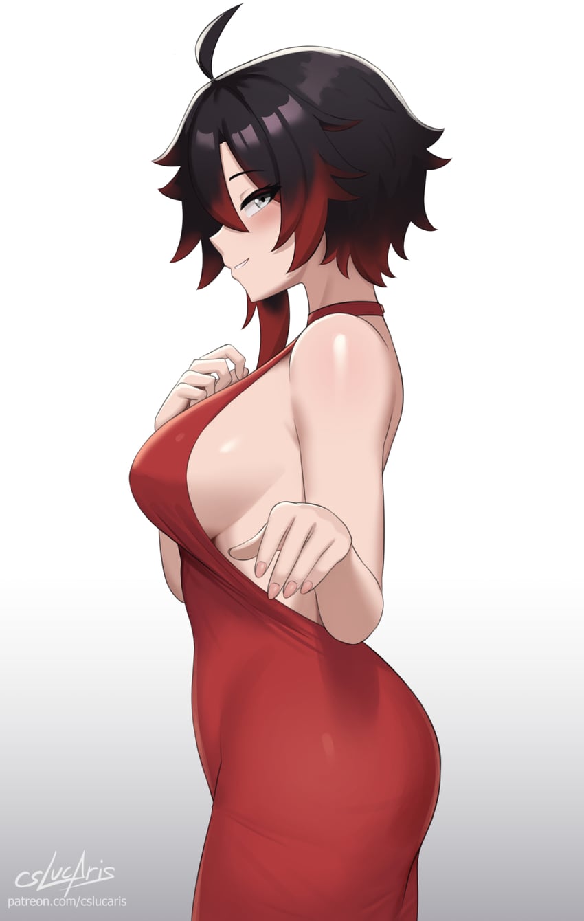 artist name, artist signature, ass, big breasts, black hair, breasts, cslucaris, dress, female, female only, grey eyes, hand towards viewer, highlights (coloring), looking at viewer, offering hand, patreon username, red dress, red highlights, ruby rose, rwby, short hair, side view, silver eyes, sleeveless dress, streaked hair, viz media, white hair