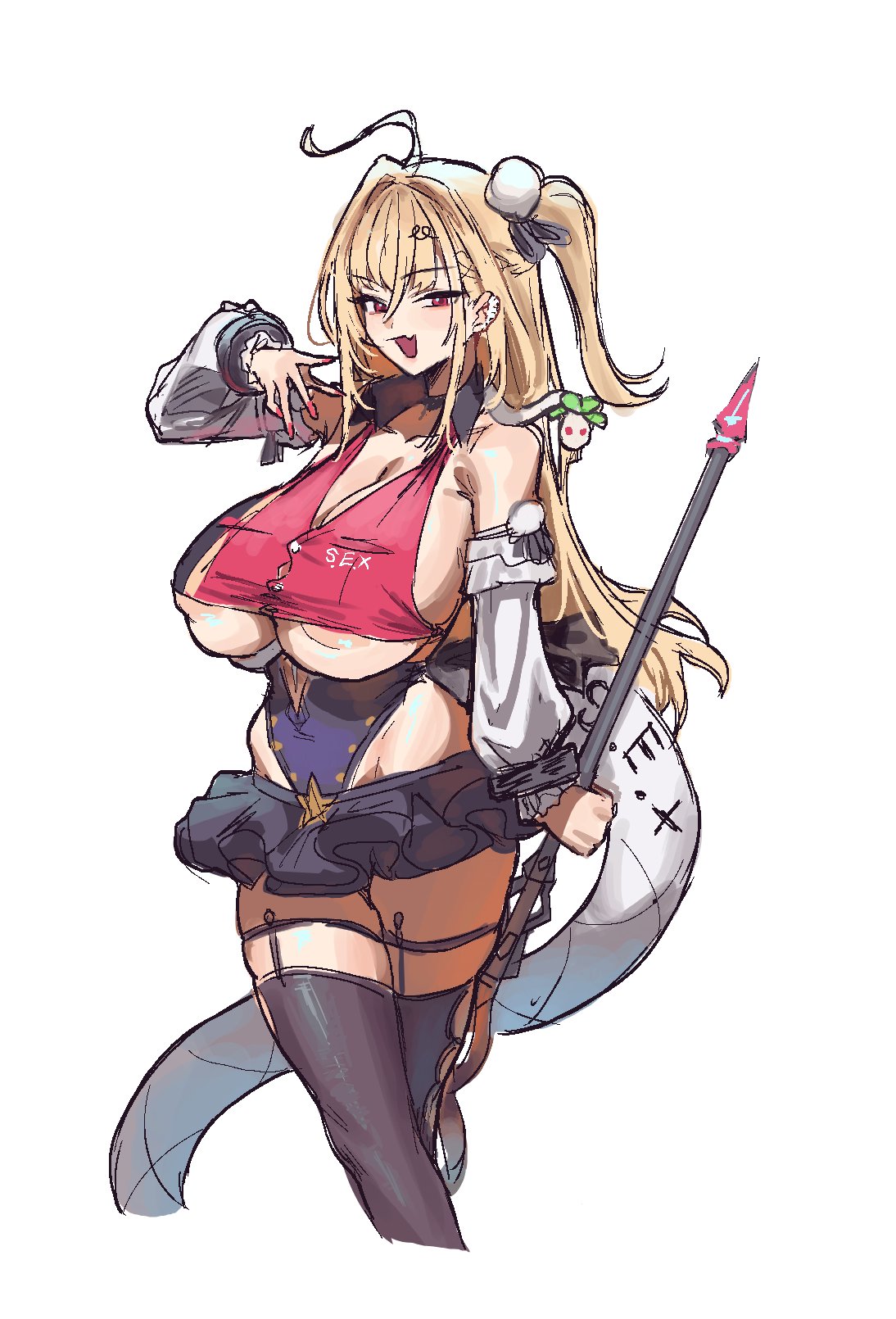 1girl, areola slip, big breasts, cissia (zenless zone zero), colored nails, female, huge breasts, kuyokuyo, painted nails, red nails, snake girl, tail, thiren, underboob, zenless zone zero