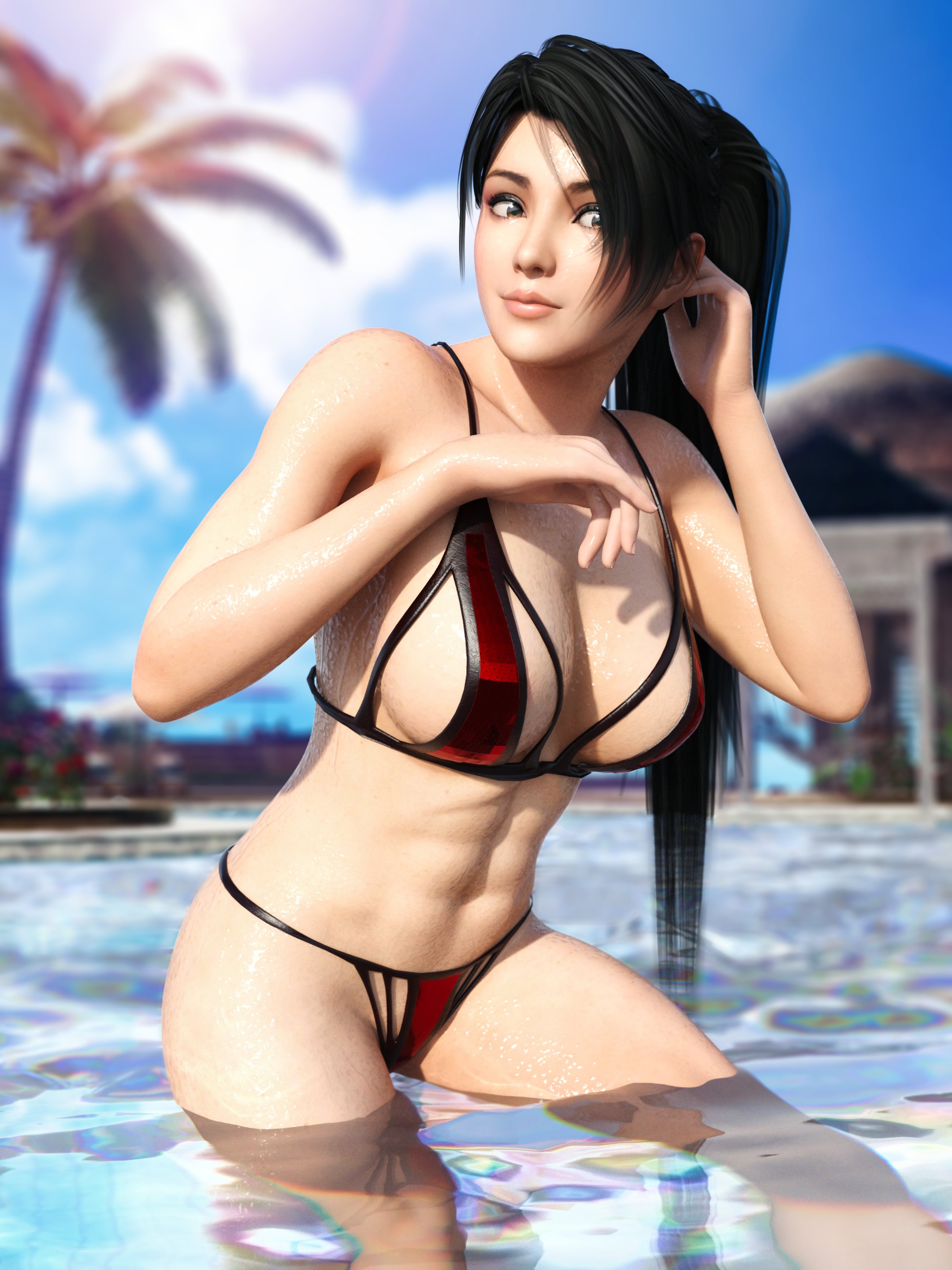 1girls, 3d, abs, bikini, black hair, blue sky, breasts, cleavage, dead or alive, eyeshadow, female, female only, in water, large breasts, long hair, looking away, momiji (ninja gaiden), ninja gaiden, ponytail, pool, smile, solarius astera, solo, tecmo, thick eyebrows, thong, thong bikini, tied hair, water, wet skin, yellow eyes