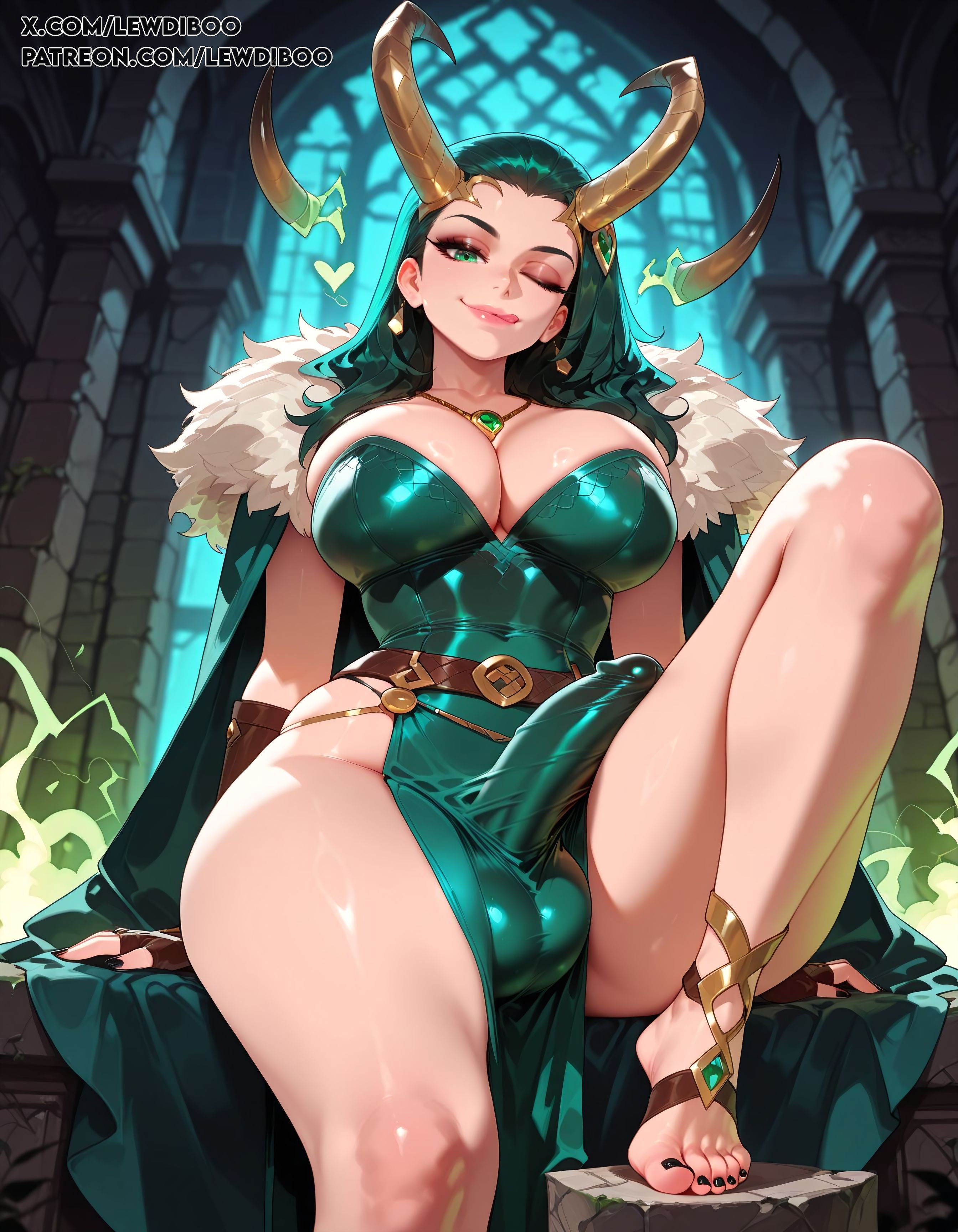 1futa, 1futanari, ai generated, balls, big balls, big penis, breasts, bulge, bulge through clothing, bulge under clothes, cock, erect penis, erection, futa only, futadom, futanari, green eyes, green hair, horn, horns, huge balls, huge cock, huge penis, lady loki, lady loki (marvel rivals), lewdiboo, marvel, marvel cinematic universe, marvel comics, marvel rivals, nipples, penis, posing, posing for the viewer, solo, solo focus, solo futa, sweat, sweatdrop, testicles, thighs, veiny, veiny penis