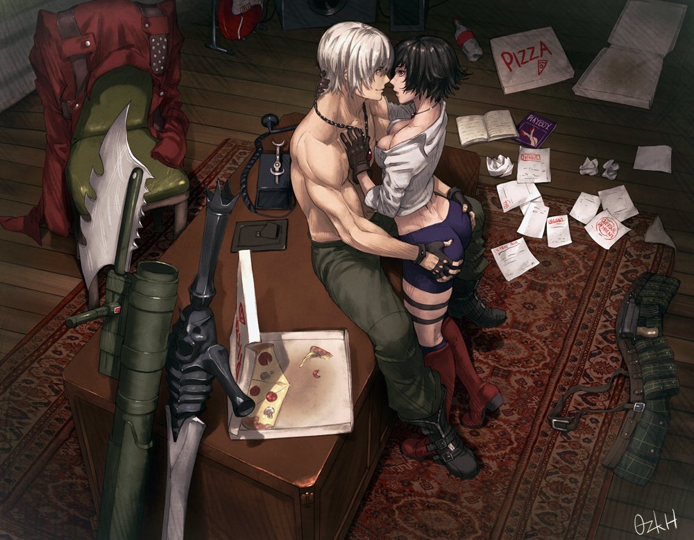 1boy 1boy1girl 1girls ass_grab bike_shorts black_hair boots breasts capcom carpet chair cleavage dante devil_may_cry devil_may_cry_3 eye_contact female food grabbing_ass grabbing_butt groping_ass groping_butt gun hands_on_ass imminent_kiss jacket jacket_removed kalina_ann_(weapon) lady_(devil_may_cry) looking_at_another magazine ozkh ozkh6 phone pizza pizza_box pizza_slice rebellion_(sword) shirtless short_hair silver_hair smile straight sword weapon