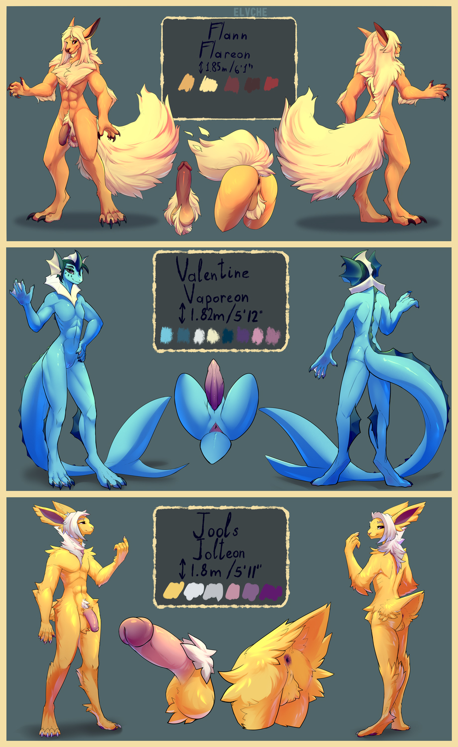 2020 anthro anthrofied eeveelution elvche flareon fluffy genitals hair hi_res humanoid_genitalia humanoid_penis jolteon long_hair male male_only male_vaporeon marine model_sheet nintendo penis pokémon_(species) pokemon slit vaporeon video_games