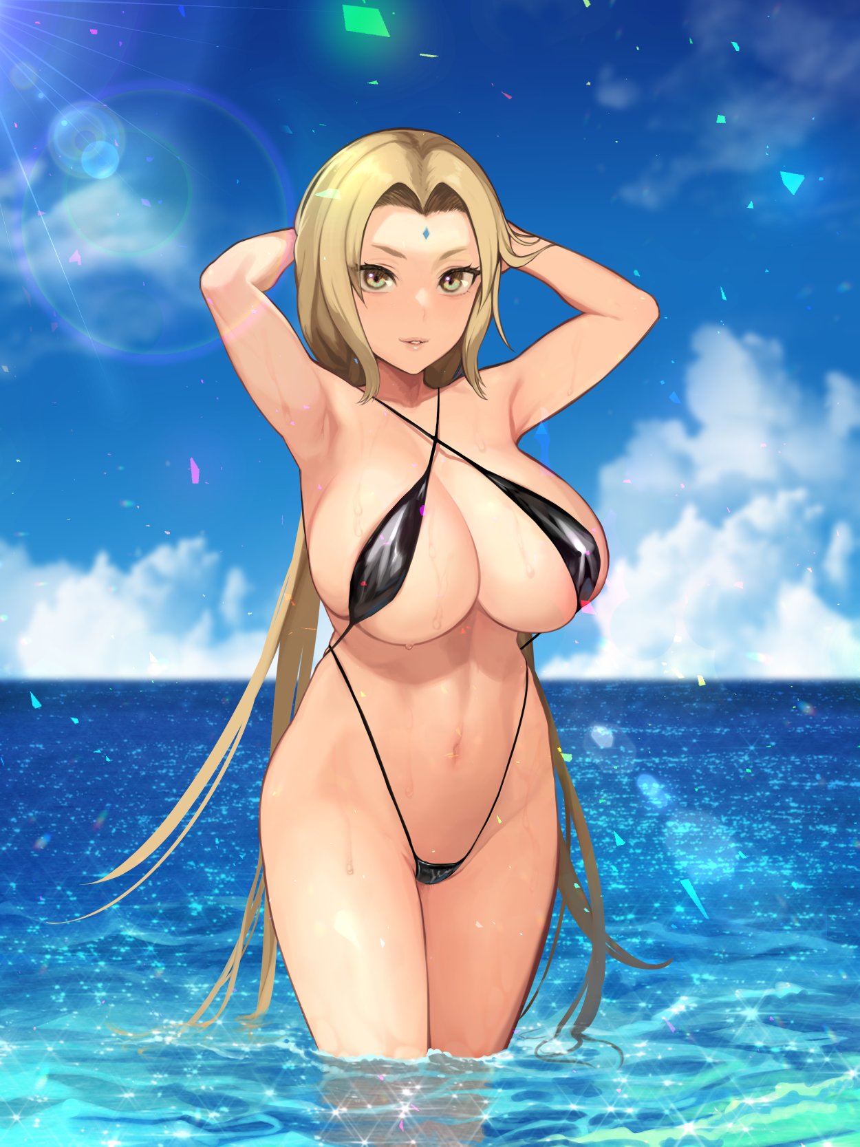 1girls, armpits, arms behind head, bikini, blonde hair, breasts, brown eyes, cloud, collarbone, criss-cross halter, facial mark, female, female only, forehead, forehead mark, halterneck, highres, huge breasts, long hair, naruto, naruto (series), naruto shippuden, navel, sidelocks, sky, sling bikini, slingshot swimsuit, solo, sparkle, sunlight, swimsuit, thighs, tsunade, very long hair, wading, water, wet, yuzuriha (active homing)