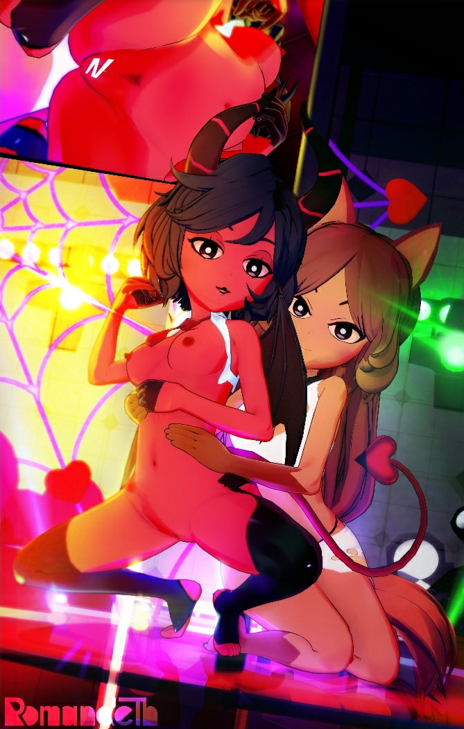 2girls 3d brown_skin cat_ears catgirl censored demon_tail dia_(hazbin_hotel) female groping_from_behind hazbin_hotel horns looking_at_viewer mostly_nude pussy red_skin romandeth smiling smiling_at_viewer succubus summer_(hazbin_hotel) vivienne_medrano