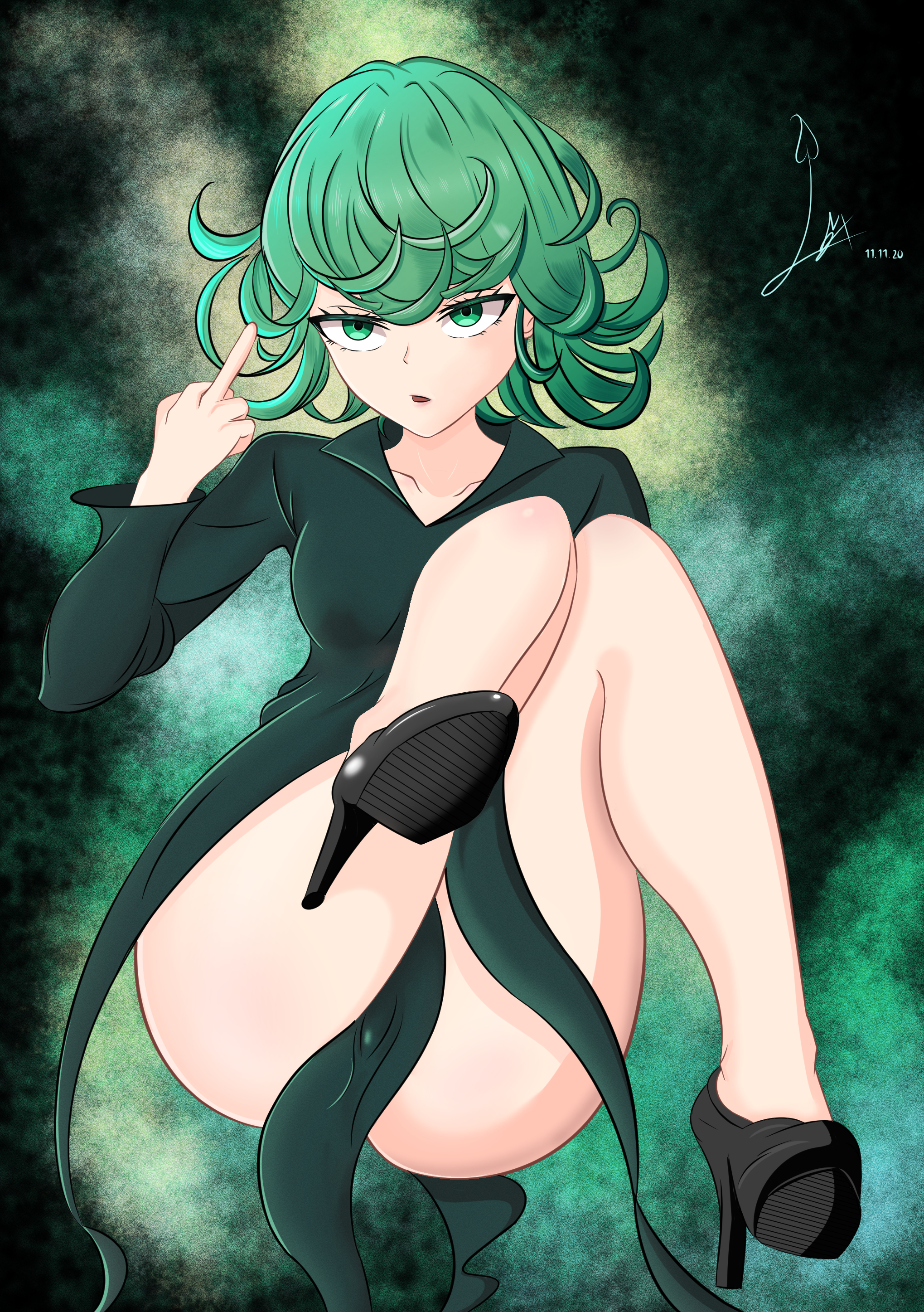 1girls, ass, aura, bangs, big ass, big butt, black dress, black footwear, black high heels, breasts, dress, female, floating, green eyes, green hair, green-haired female, heels, high heels, laceysx, middle finger, one-punch man, shoes, shounen jump, small breasts, solo, solo female, tatsumaki, thick thighs, thighs