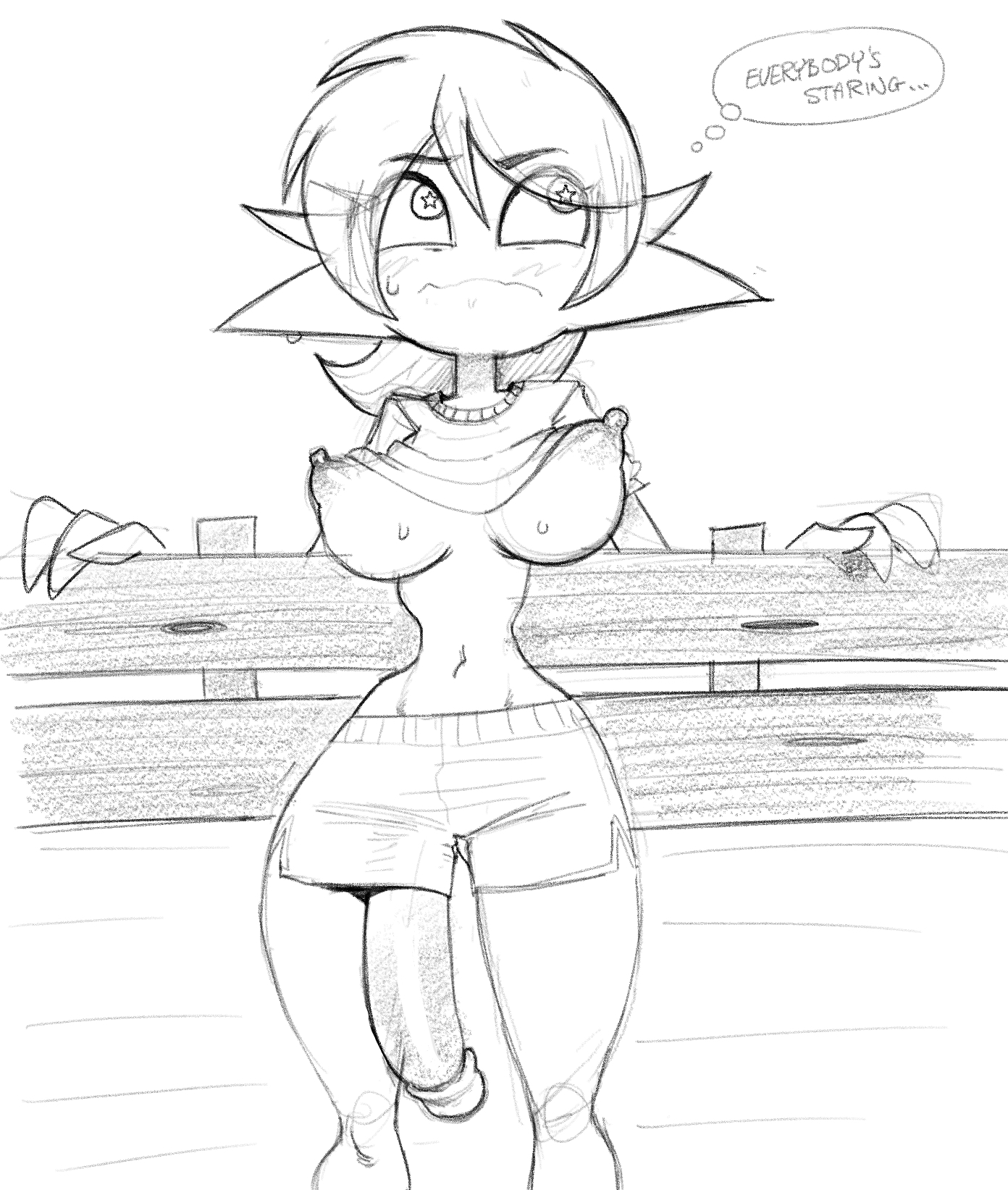 1futa, areolae, breasts, clothed, clothing, curvy, embarrassed, embarrassed nude futa, erect nipples, exposed, exposed penis, flaccid, furry, futa only, futa sans balls, futanari, gardevoir, huge penis, ineffective clothing, intersex, kevinsano, large breasts, looking away, monochrome, nintendo, nipples, partially clothed, penis, penis out, penis slip, penis through leghole, pokemon, pokemon (species), pokemon rse, solo, solo futa, sweatdrop, text, thought bubble, wardrobe malfunction, wavy mouth, wide hips