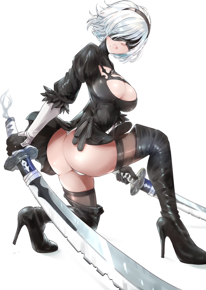 android blindfold boots cleavage dat_ass dress female female_protagonist huge_ass katana kntrs_(knyrs) large_breasts looking_at_viewer nier:_automata short_hair thong white_hair yorha_2b