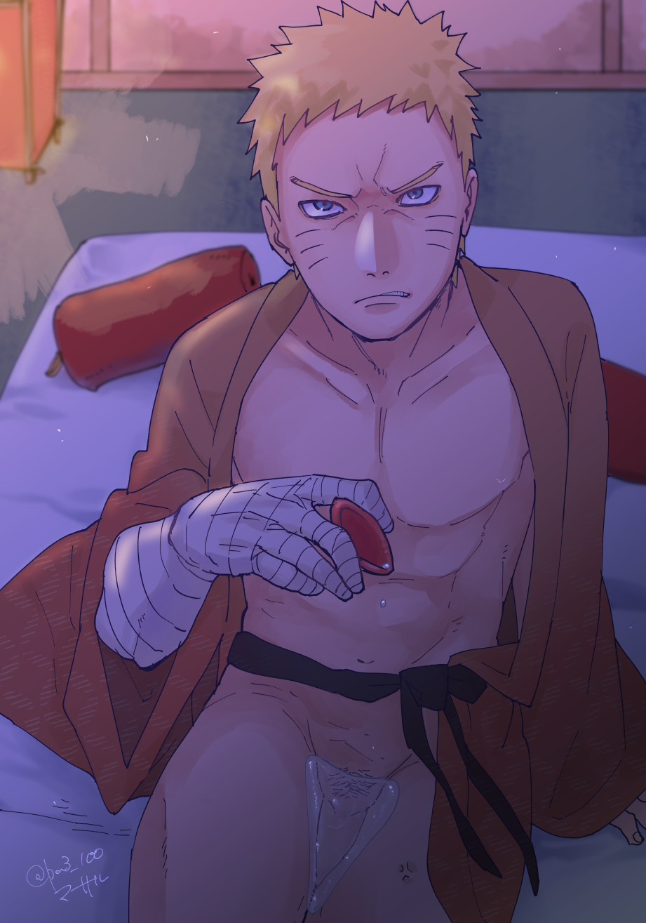 1boy angry bandage bandaged_arm bed blonde_hair blue_eyes boruto:_naruto_next_generations bottomless clothed clothing looking_at_viewer male male_only mature mature_male naruto naruto_(series) no_panties open_clothes open_shirt pa3_100 pale-skinned_male pale_skin penis pillow pov pov_eye_contact pubes pubic_hair revealing_clothes robe short_hair sitting solo solo_focus solo_male spilled_drink spilling thighs uncensored uzumaki_naruto wet whisker_markings whiskers yellow_hair