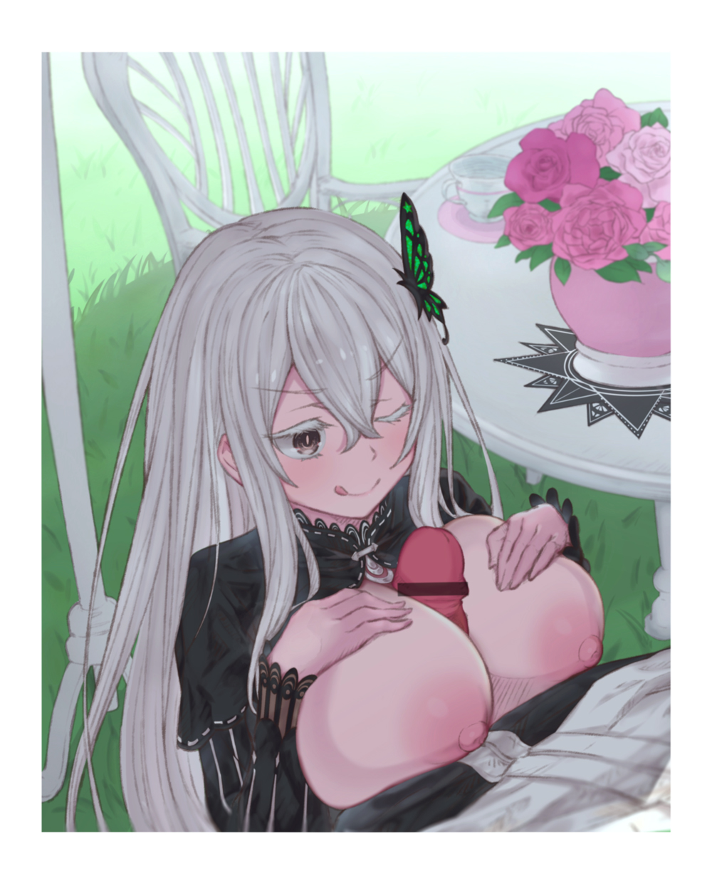 ;p, 1boy, areolae, blush, breasts, breasts out, butterfly clip, butterfly hair ornament, censor bar, censored, cup, dress, echidna (re:zero), female, flowers, grass, hair between eyes, hairclip, hands on breasts, hands on own chest, large breasts, long hair, male, natsuki subaru, nipples, on knees, one eye closed, paizuri, penis, re:zero kara hajimeru isekai seikatsu, tongue, tongue out, white hair