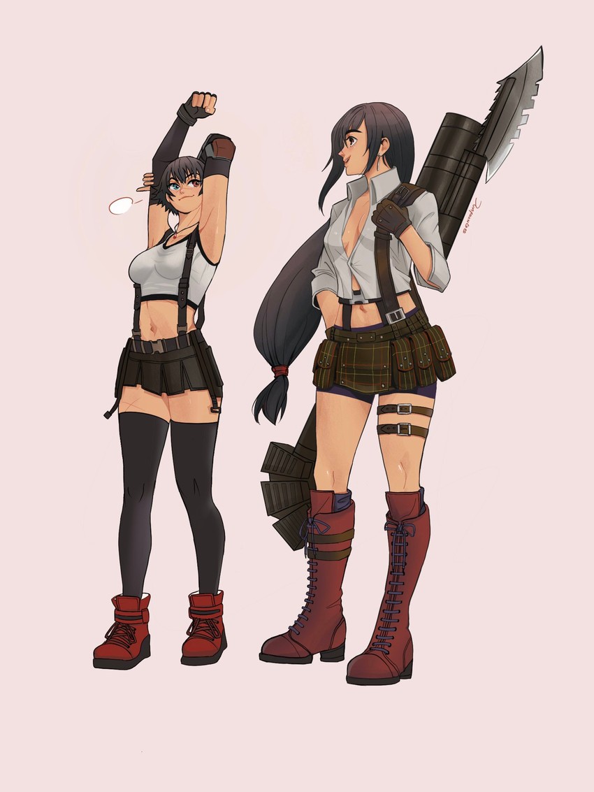 2girls ankle_boots arms_up bike_shorts black_hair black_legwear boots breasts capcom cleavage cosplay costume_switch cross-laced_footwear crossover devil_may_cry devil_may_cry_3 female female_only female_with_female final_fantasy final_fantasy_vii final_fantasy_vii_remake heterochromia highres jumpoon kalina_ann_(weapon) knee_boots lace-up_boots lady_(devil_may_cry) lady_(devil_may_cry)_(cosplay) large_breasts long_hair low-tied_long_hair medium_breasts multiple_girls navel outfit_swap red_footwear scar short_hair skirt square_enix standing stomach suspenders thighhighs tifa_lockhart tifa_lockhart_(cosplay) trait_connection weapon weapon_on_back wide_hips zettai_ryouiki