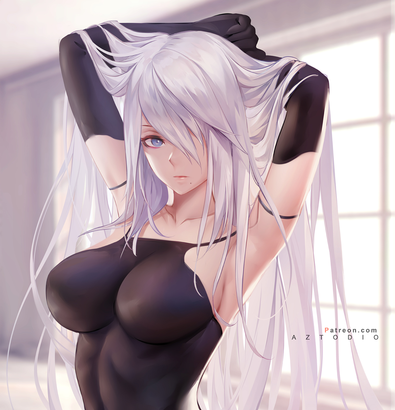 1girls, android, azto dio, big breasts, breasts, clothed female, female, female focus, female only, long hair, nier, nier: automata, nipples, nipples visible through clothing, solo, solo female, solo focus, yorha a2