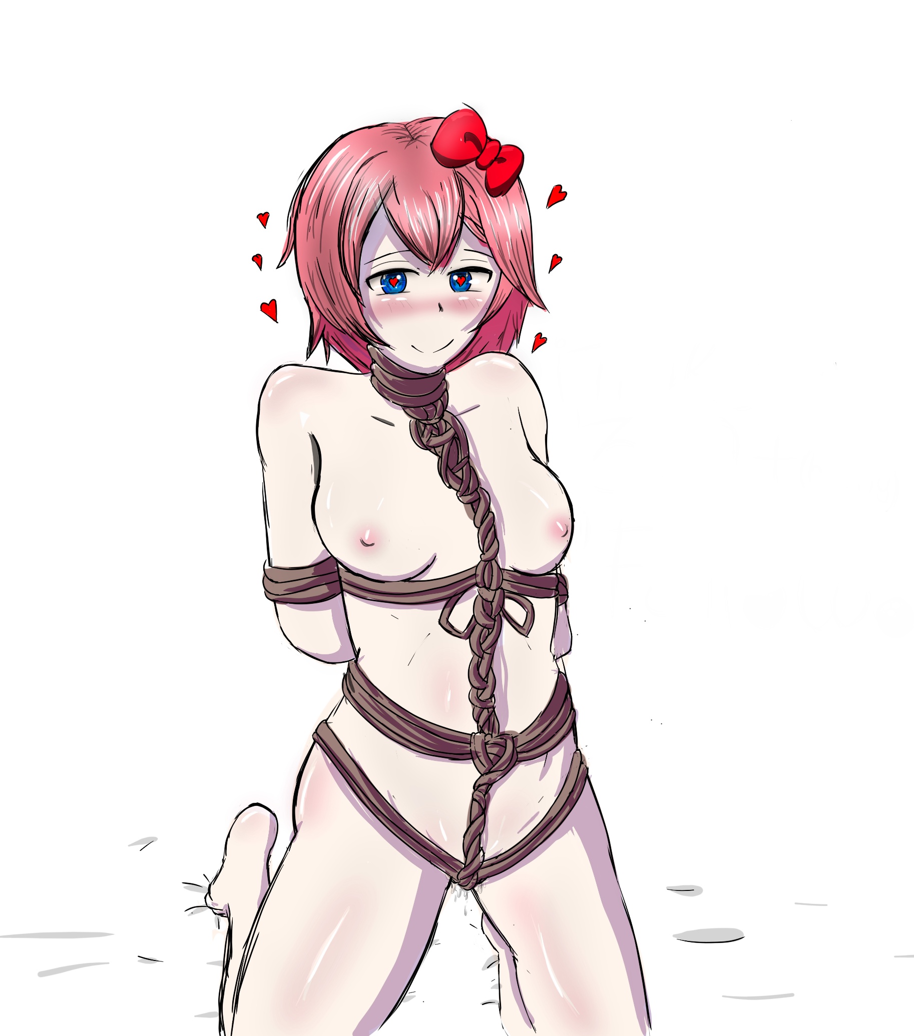 1girls, bondage, breasts, doki doki literature club, female, female masochism, heart-shaped pupils, just sayori, ls, masochism, nude, nude female, sayori (doki doki literature club), solo, solo female, strawberry blonde hair