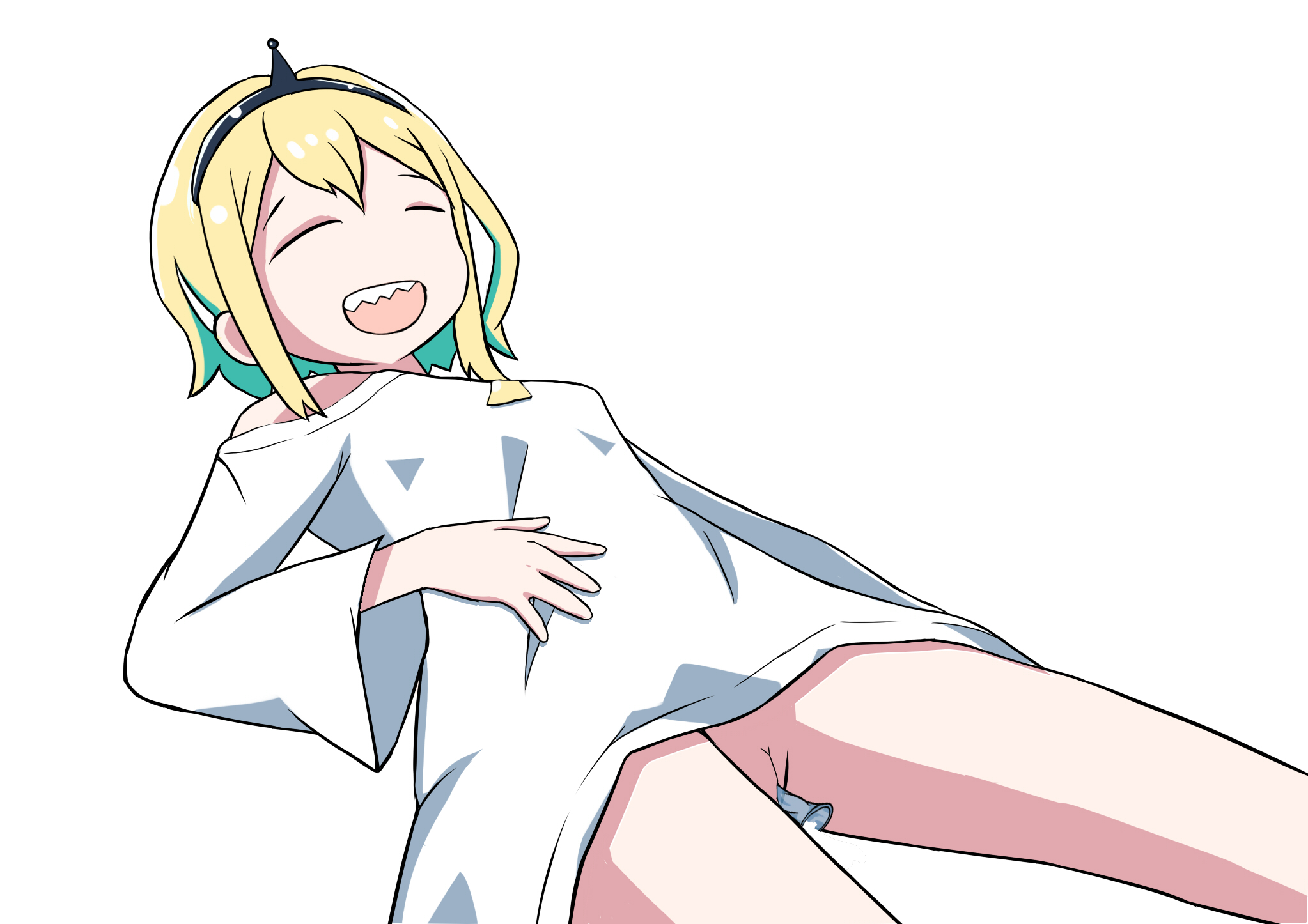 after sex, amano pikamee, bottomless, breasts, closed eyes, condom, cum, female, happy, laying down, no panties, pussy, sleeping, small breasts, smile, smiling, solo female, uncensored, virtual youtuber, voms project