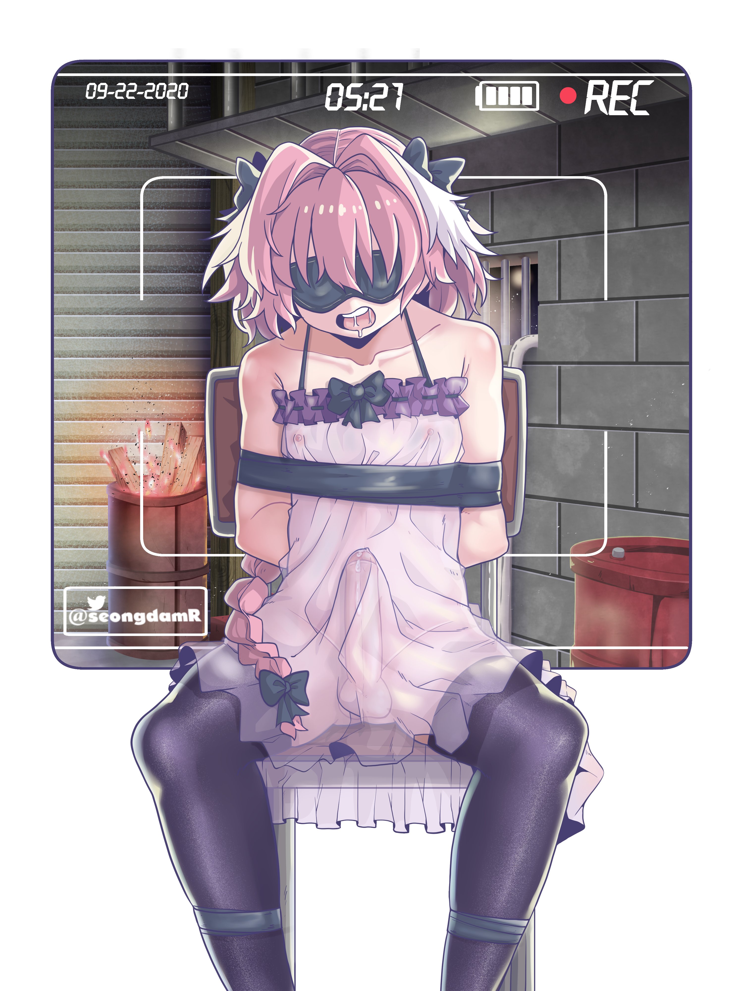 1boy, alternate version available, androgynous, astolfo (fate), balls, blindfold, bondage, camera, camera view, crossdressing, erection, erection under skirt, fate (series), fate/grand order, femboy, flat chest, girly, hair ribbon, light skin, light-skinned male, male, male focus, male nipples, male only, nipples, open mouth, pale skin, pale-skinned male, penis, pink hair, saliva, seongdamr, testicles, thighhighs, thighs, tied, transparent clothing