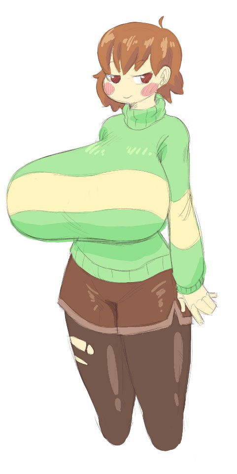 1girls, 2d, aged up, angstrom, big breasts, breasts, brown hair, chara, clothed, female, female chara, female only, huge breasts, large breasts, red eyes, simple background, solo, solo female, tagme, thick thighs, top heavy, undertale, undertale (series)