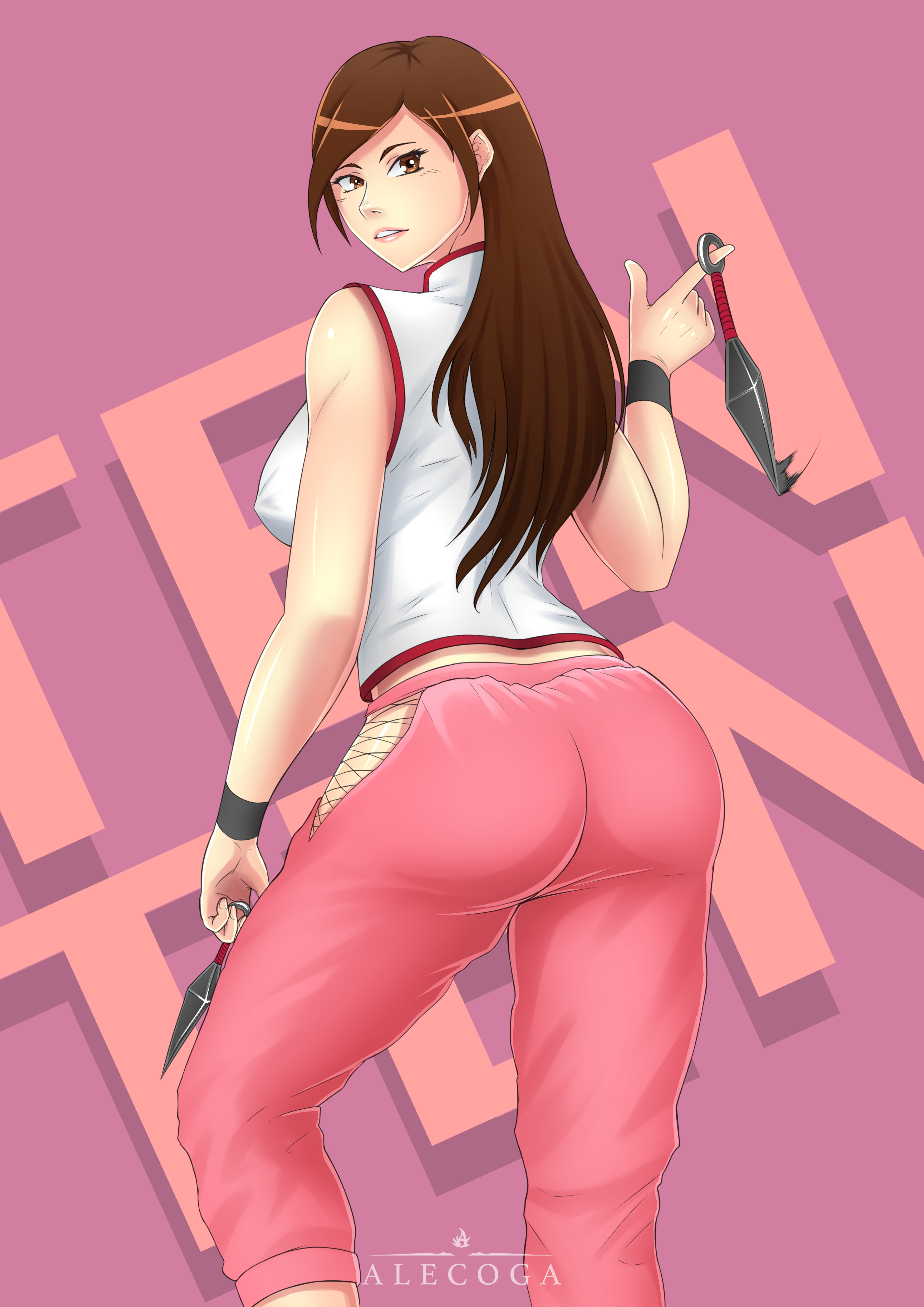 1girls, alecoga, alternate costume, alternate hairstyle, ass, big breasts, breasts, brown eyes, brown hair, character name, clothed female, clothing, erect nipples, female, female only, hair down, holding object, holding weapon, kunai, long hair, looking back, naruto, naruto (series), naruto shippuden, naruto: the last, nipples, no panties, pants, sleeveless, sleeveless shirt, solo, tenten, wristbands
