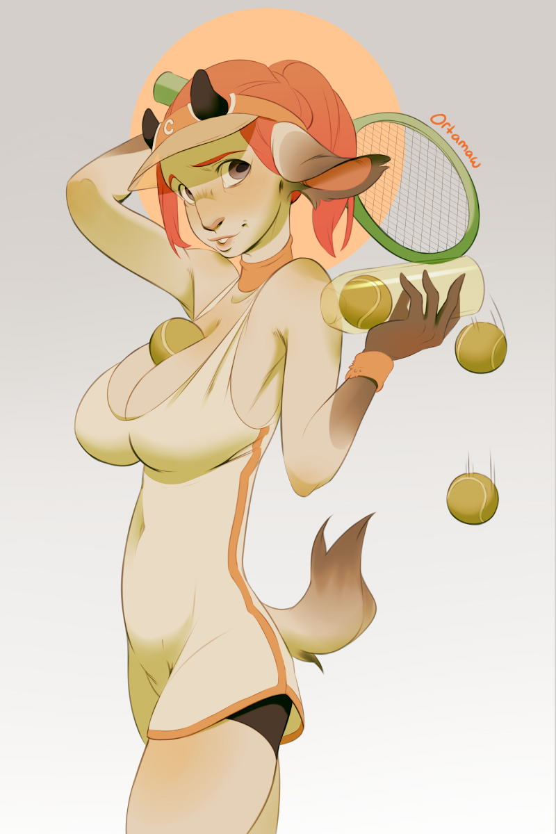 anthro big_breasts breasts ear furry goat horns looking_at_viewer nervous ortamaw pink_hair ponytail purple_eyes racket short_dress shorts shy spats tail tennis