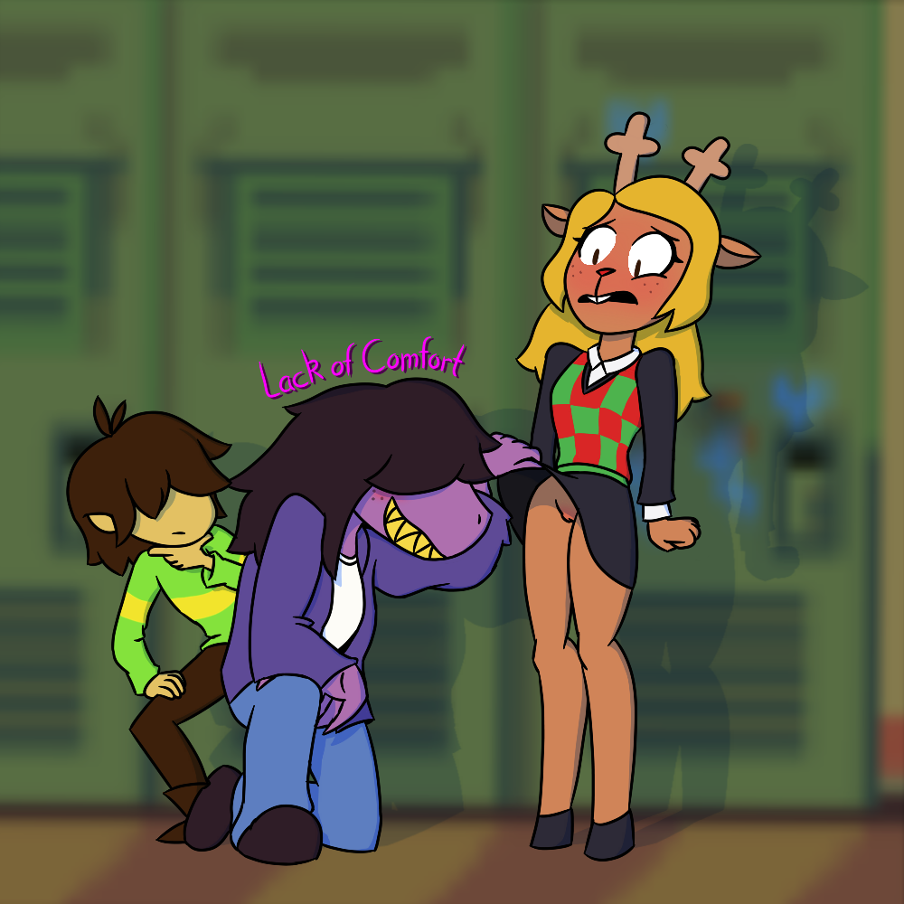 1:1, 5 fingers, ahoge, ambiguous gender, anthro, antlers, assisted exposure, biped, blonde hair, blush, bottomwear, brown body, brown eyes, brown fur, brown hair, buckteeth, capreoline, cervid, checkered clothing, checkered topwear, clothed, clothing, clothing lift, crouching, deer, deltarune, denim, denim clothing, digital media (artwork), dinosaur, embarrassed, english text, female, fingers, footwear, frown, fully clothed, fur, furry, genitals, group, hair, hair over eyes, hand on chin, hand on leg, hooves, horn, human, jacket, jeans, kneeling, kris (deltarune), lackofcomfort, long hair, long sleeves, mammal, nervous, no underwear, noelle holiday, open mouth, pants, pattern clothing, pattern shirt, pattern topwear, purple body, purple scales, pussy, pussy blush, questionable consent, red nose, reindeer, reptile, scales, scalie, sharp teeth, shirt, shoes, signature, skirt, skirt lift, smile, standing, striped clothing, striped shirt, striped topwear, stripes, susie (deltarune), sweater, tan body, tan skin, teeth, text, topwear, uncensored, video games, yellow teeth, yuri