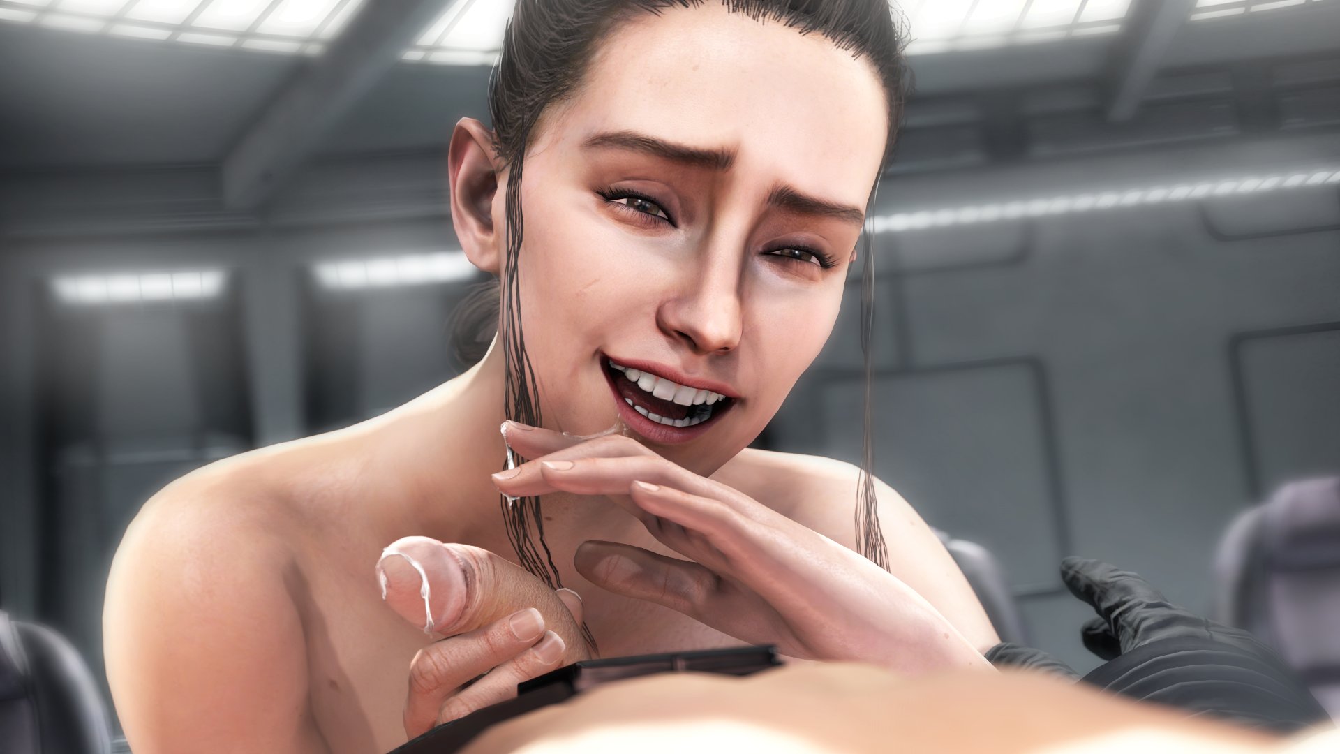 1boy, 1girls, 3d, after fellatio, after oral, cum, cum on penis, daisy ridley, erection, female, greatm8, male, penis, rey, source filmmaker, star wars, the force awakens