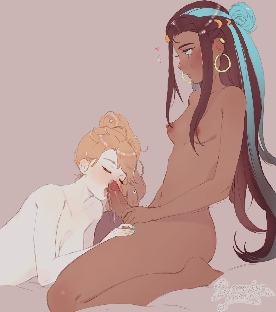 1futa, 1girls, alternate breast size, areolae, big penis, black hair, blue eyes, blush, breasts, clenched teeth, closed eyes, cock worship, dark skin, dark-skinned female, dark-skinned futa, dickgirl, earrings, erect nipples, erection, female, futa on female, futa with female, futanari, hoop earrings, human, interracial, intersex, kneeling, licking, licking penis, light skin, light-skinned female, long hair, magical ondine, medium breasts, nessa (pokemon), nipples, nude, on bed, oral, orange hair, pale skin, pale-skinned female, penis, penis lick, penis licking, pokemon, pokemon ss, precum, precum drip, roarke (lavenderincubus), saliva, small breasts, sonia (pokemon), sweat, tongue, tongue out, trans woman, transfem, uncensored, veiny penis