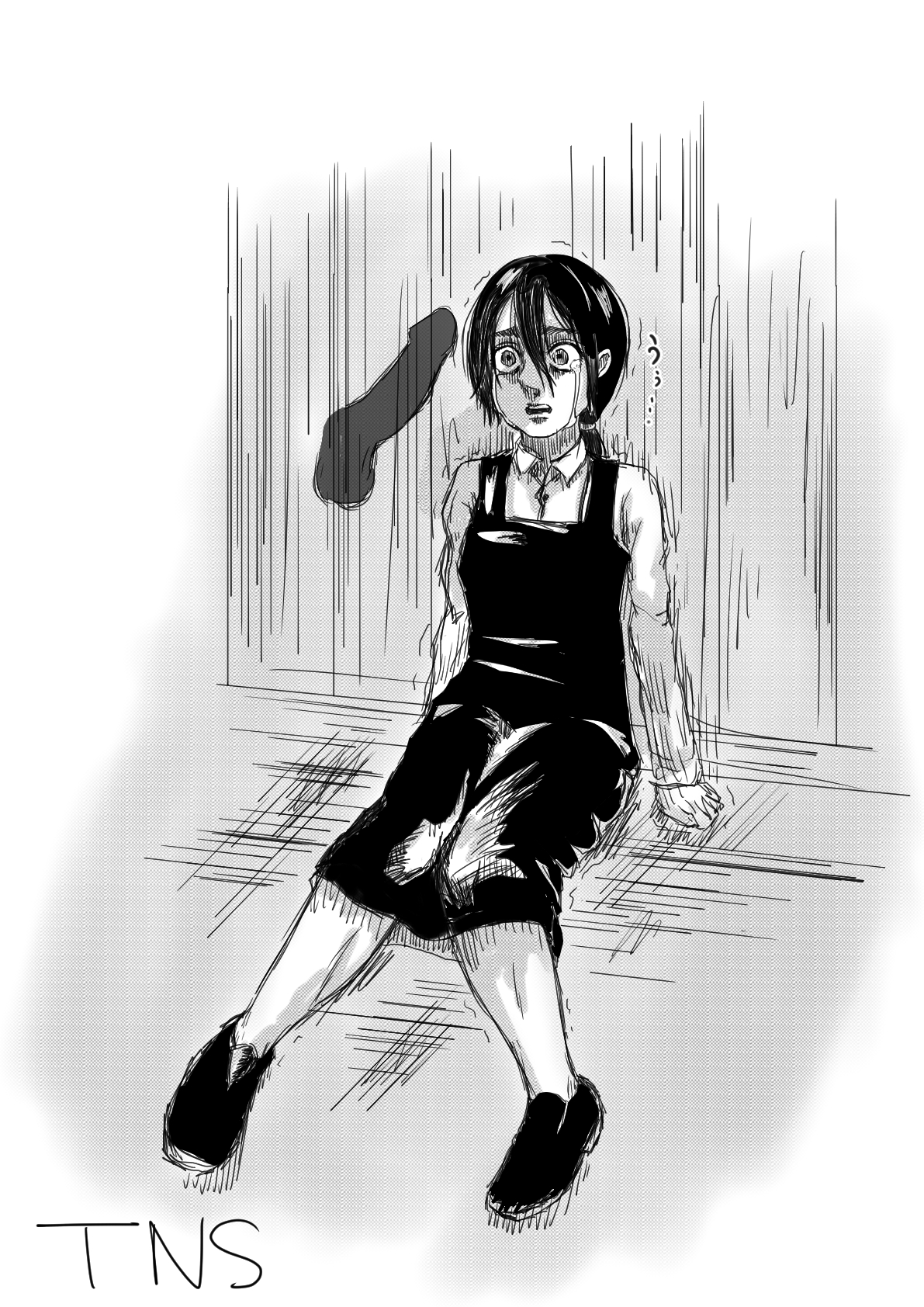 after deepthroat, after oral, attack on titan, black and white, crying, disembodied penis, gabi braun, imminent deepthroat, imminent oral, imminent rape, male, manga, monochrome, oral, penis, penis awe, rough sketch, scared, shingeki no kyojin, tns, trembling