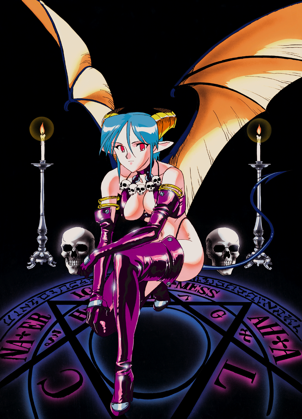 1girls 90s bare_shoulders black_background boots breasts candle carrera cleavage clothing collar demon_girl demon_horns demon_tail demon_wings elbow_gloves female female_only fire full_body gloves green_hair hexagram high_heel_boots high_heels highres horns kneeling large_breasts long_ears looking_at_viewer magic_circle midriff monster_girl navel official_art pointy_ears purple_clothing purple_gloves purple_thighhighs purple_thong red_eyes revealing_clothes ring sasaki_masakatsu short_hair simple_background skull skull_necklace sogna solo stockings succubus succubus_costume succubus_horns succubus_tail succubus_wings tail thick_thighs thigh_boots thighhighs thighs thong viper_(series) viper_gts wings zettai_ryouiki