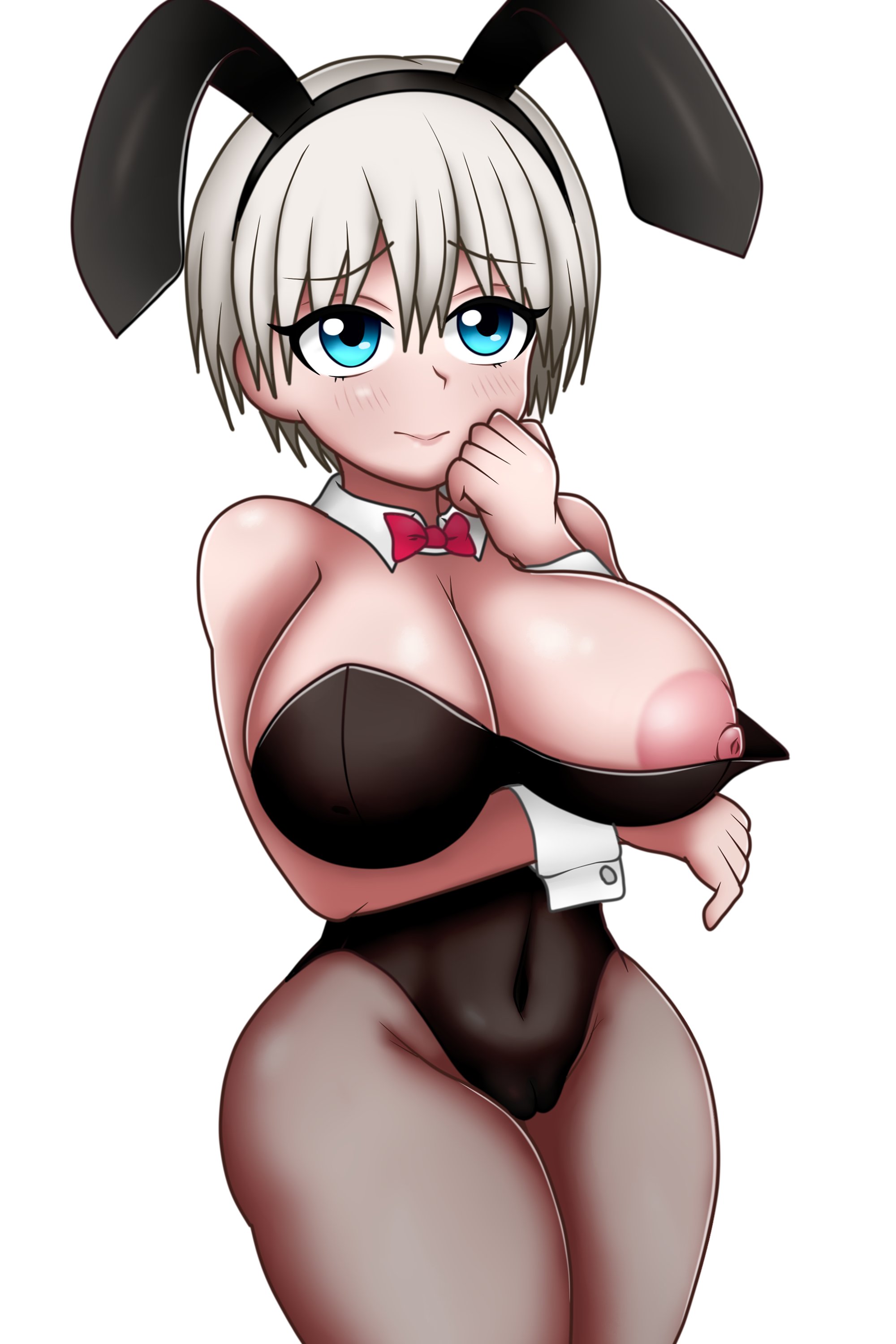 1girls, animal ears, areolae, blue eyes, blush, breasts, bunny ears, bunnysuit, cucarachaaa, embarrassed, female, grey hair, large breasts, leotard, nipples, pantyhose, ribbon, short hair, thick thighs, thighs, uzaki hana, uzaki-chan wa asobitai!, white background