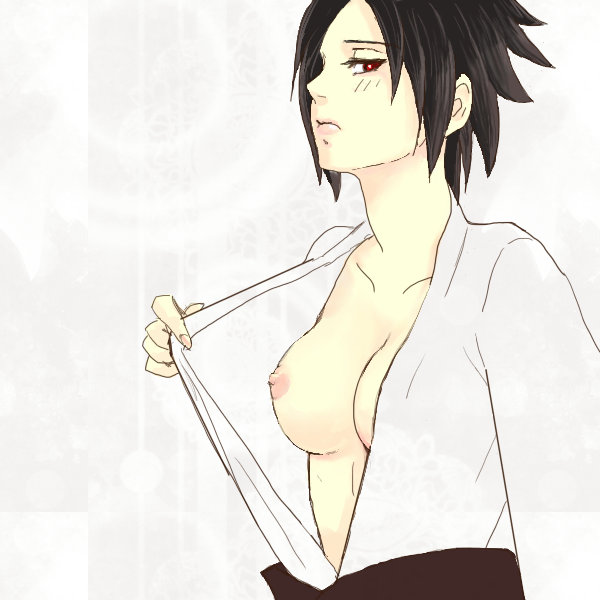 areolae, black hair, breasts, eyelashes, female, gender transformation, genderswap, genderswap (mtf), kimono, medium breasts, naruto, naruto (series), naruto shippuden, nipples, open clothes, red eyes, rule 63, sasuke uchiha, sasuko, solo, solo female, transformation, white background