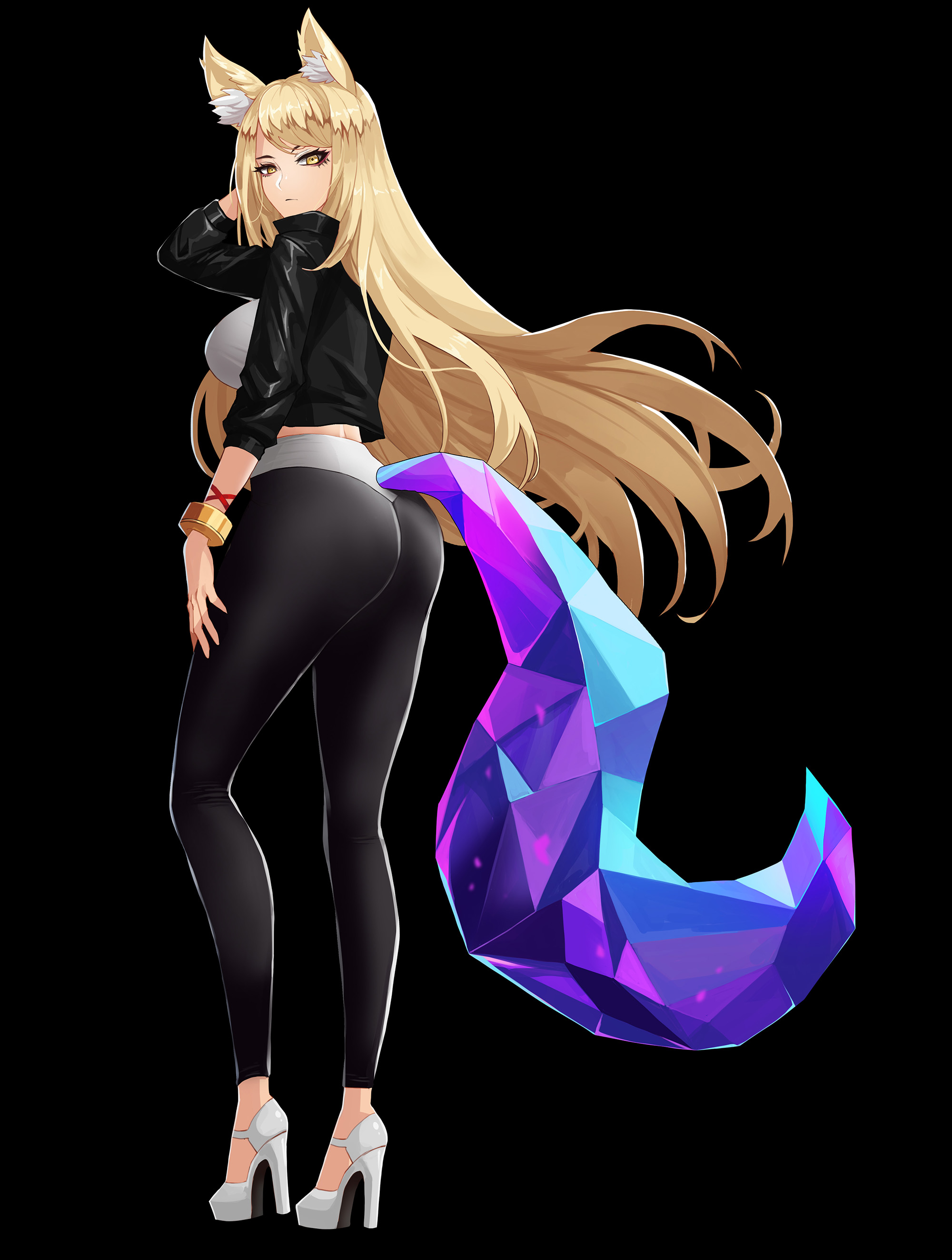 1girls, absurd res, ahri, alternate costume, alternate hair color, alternate hairstyle, animal ears, ass, black legwear, blonde hair, breasts, crystal, drogod (artist), female, fox ears, fox tail, full body, heels, high heels, highres, hips, k/da ahri, k/da series, large breasts, league of legends, leggings, legs, legwear, long hair, looking at viewer, looking back, shirt, short shorts, shorts, sleeveless, sleeveless shirt, smile, solo, solo female, solo focus, tail, thick thighs, thighs, yellow eyes