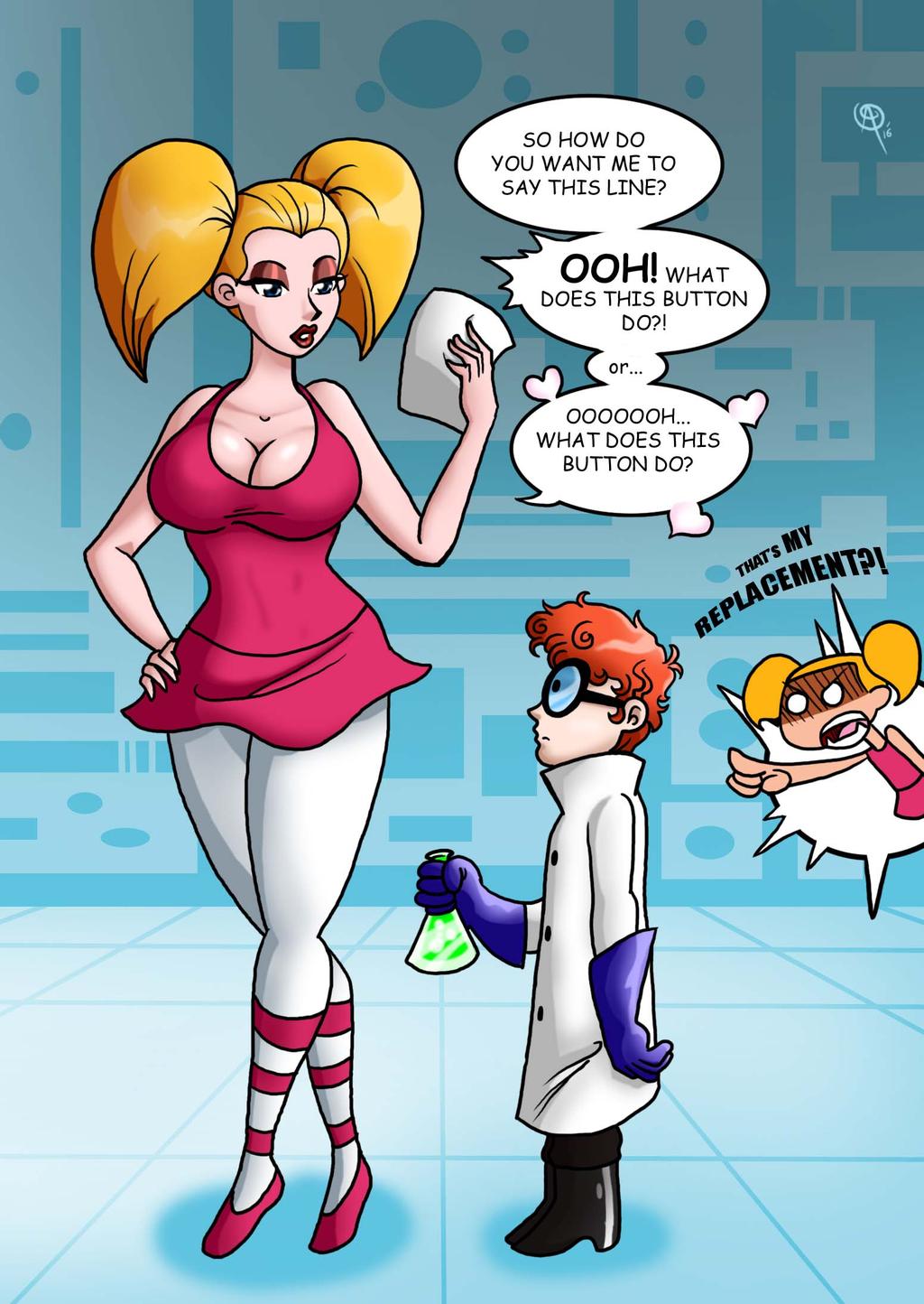 1boy 2016 2girls aged_up alternate_version_available angry athletic athletic_female bent_over big_breasts blonde_hair blue_eyes blush breasts bust busty candi_(dexter's_laboratory) cartoon_network cleavage dee_dee_(dexter's_laboratory) dee_dee_(dexter's_laboratory)_(cosplay) dexter dexter's_laboratory dialogue dress english_text female frostbiteboi huge_breasts human large_breasts larger_female legs lips lipstick pink_dress short_dress shorter_male smaller_male speech_bubble tagme taller_girl thick_legs thick_thighs thighs twintails watermark