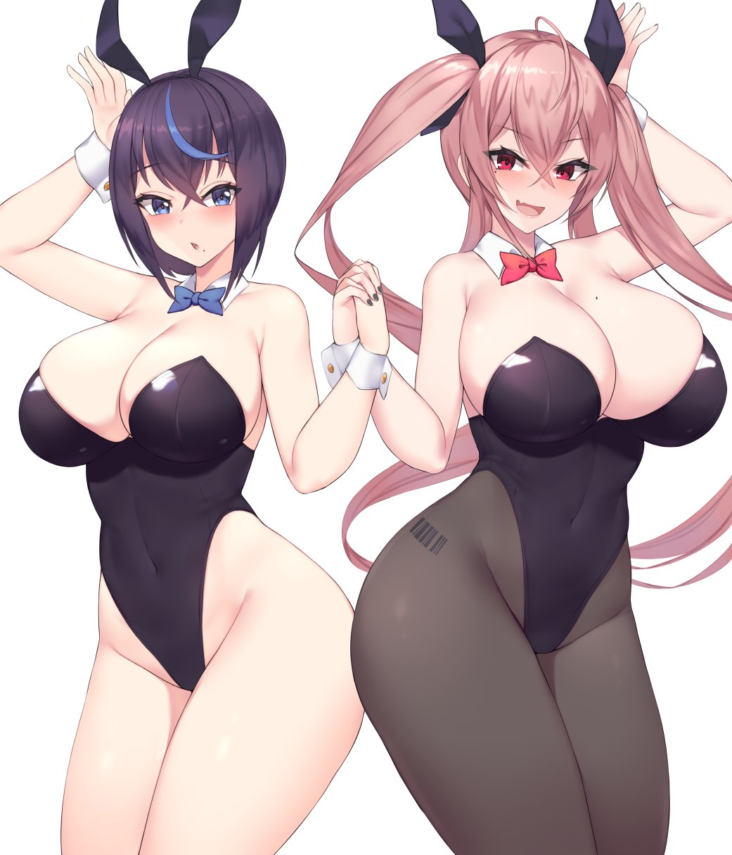 2girls, big breasts, blush, bows, breasts, bunny ears, bunnysuit, curvy, cute, dyed hair, eyelashes, eyeliner, female, holding hands, huge breasts, kuavera, long hair, looking at viewer, multiple females, multiple girls, open mouth, pantyhose, pigtails, short hair, thick, thin, thin waist, white background