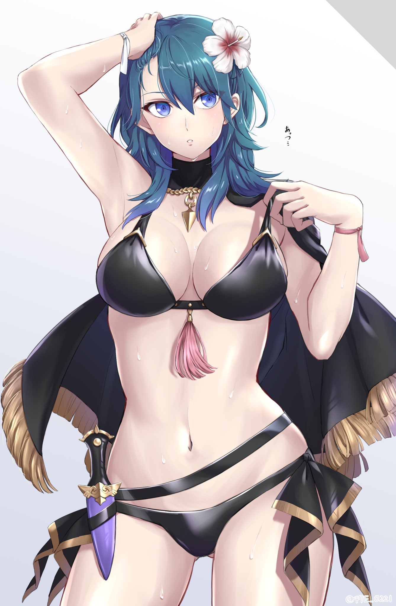 1girls, arm up, bangs, belt, bikini, black bikini, black cape, blue eyes, blush, breasts, byleth (fire emblem), byleth (fire emblem) (female), cape, cleavage, commentary, dagger, eyebrows visible through hair, female, female protagonist, fire emblem, fire emblem heroes, fire emblem: three houses, flower, gradient, gradient background, hair flower, hair ornament, hand up, hibiscus, highres, intelligent systems, large breasts, looking away, navel, nintendo, official alternate costume, parted lips, pulled by self, shinae, shiny, shiny hair, signature, simple background, solo, standing, stomach, sweat, sweatdrop, swimsuit, teal hair, thighs, weapon