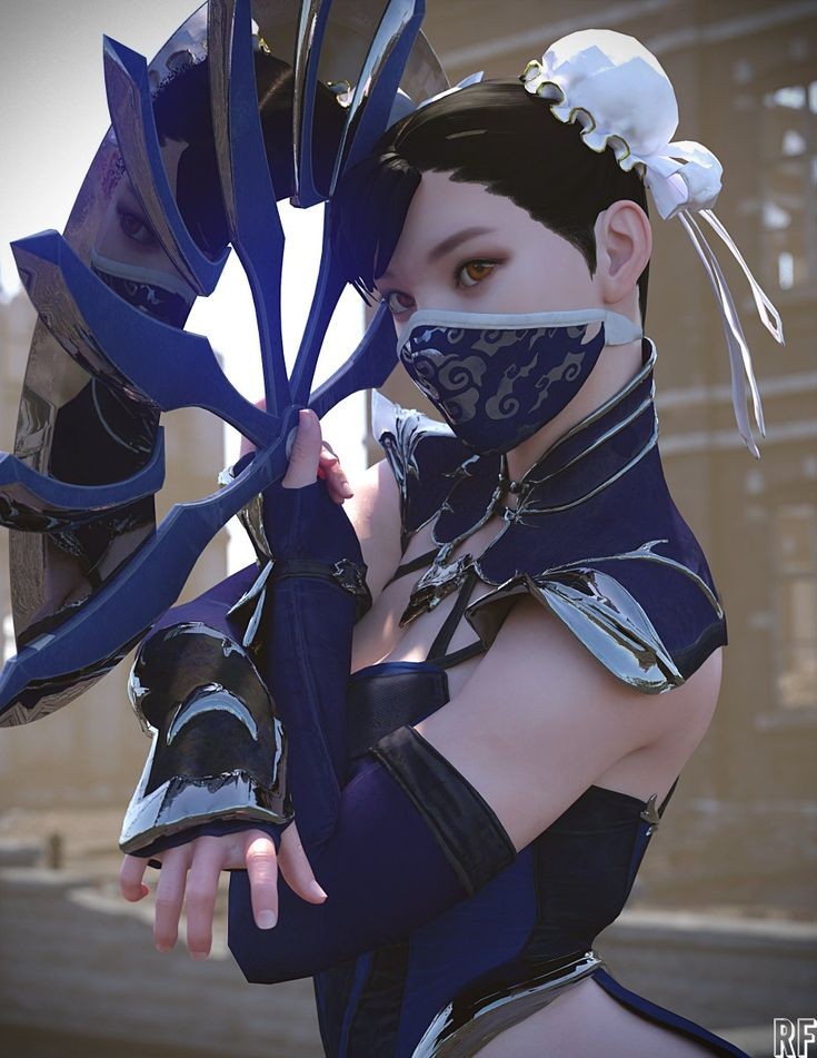 1girls, 3d, ass, big ass, big breasts, breasts, capcom, chun-li, cleavage, cosplay, crossover, crossover cosplay, fan, female, female only, fully clothed, kitana (cosplay), mask, masked female, mortal kombat, mortal kombat 11, pose, posing, rude frog, solo, street fighter