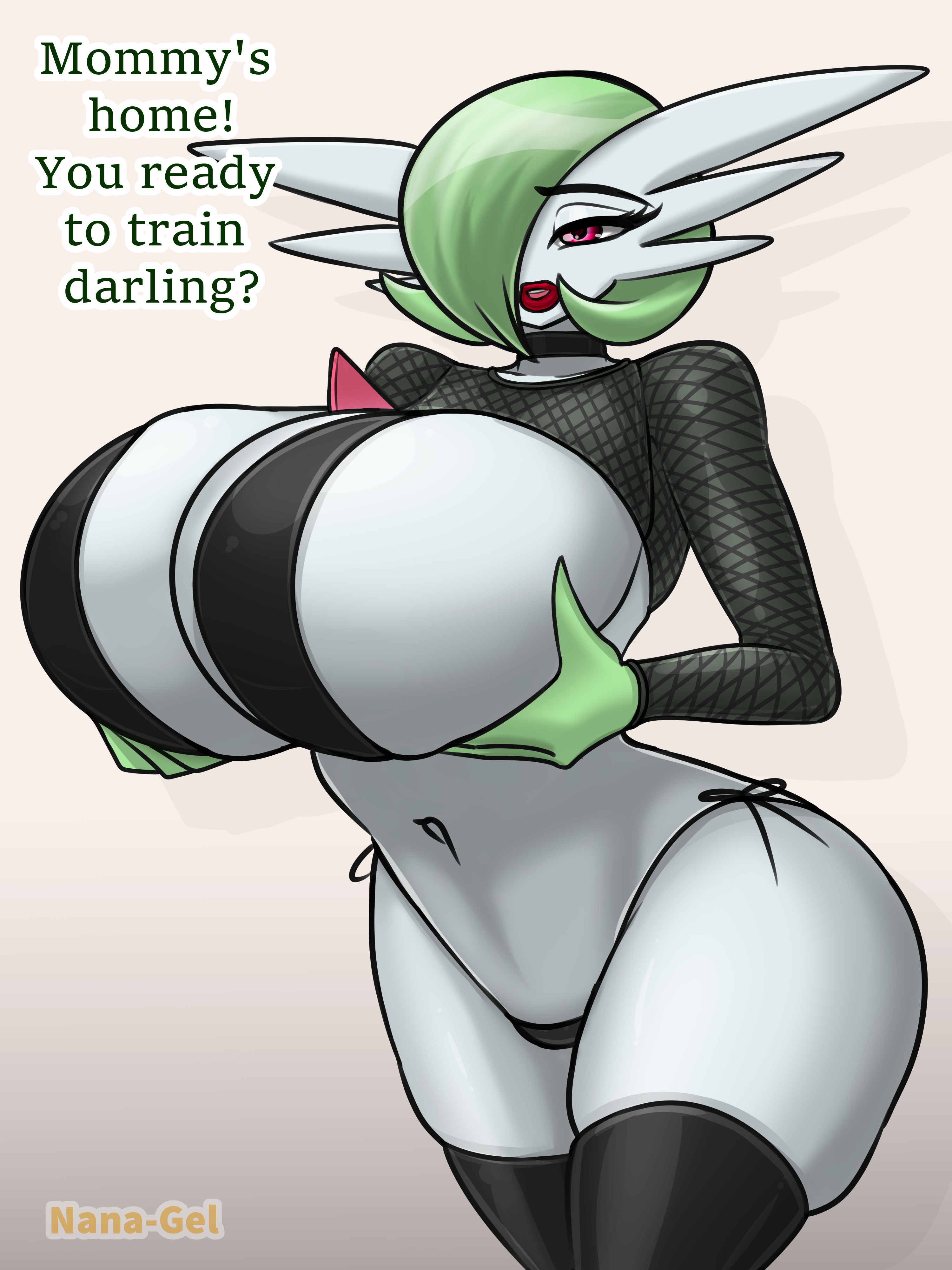 1girls, anthro, anthrofied, breasts, choker, female, gardevoir, green skin, huge breasts, humanoid, hyper, hyper breasts, lipstick, nana gel, nintendo, pink eyes, pokemon, pokemon (species), pokemon rse, red eyes, red lipstick, standing, text, thick lips, thick thighs, thighhighs, thighs, thong, voluptuous, white skin, wide hips