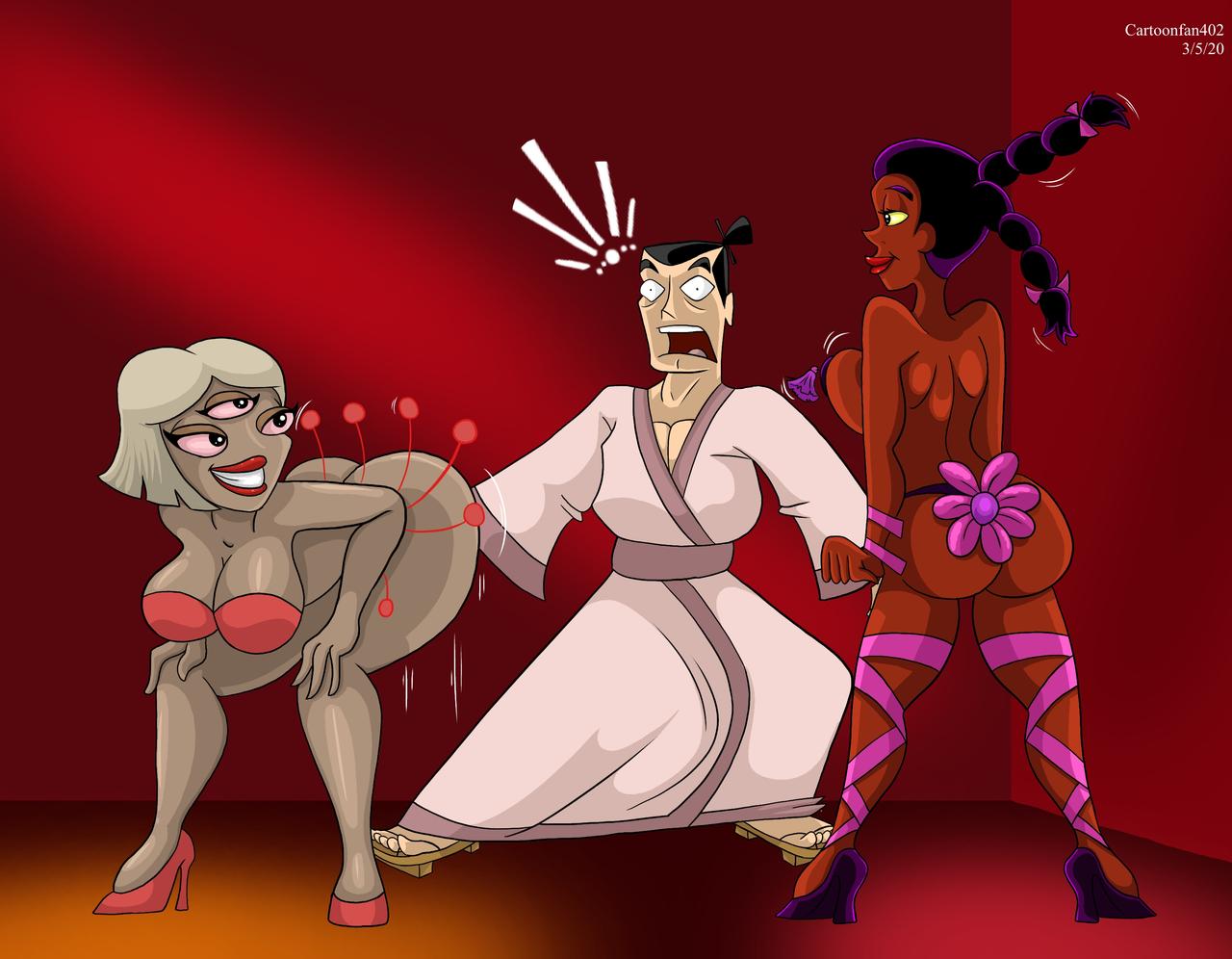 1boy 2girls 3_eyes alien alien_girl armband armbands asian asian_male ass bent_over big_ass black_eyes black_hair bra breasts brown_skin busty cartoon_network cartoonfan402 covered_nipples dark-skinned_female dark_hair dark_skin dat_ass extra_thicc_rave_girl eyelashes fat_ass female heart high_heels huge_ass huge_breasts huge_butt human large_ass lipstick long_hair makeup male motion_lines multi_eye multiple_girls narc_(samurai_jack) no_bra panties partially_clothed pasties pink_sclera rave_girl_(samurai_jack) red_lips red_lipstick round_ass samurai_jack samurai_jack_(character) short_hair signature smile smiling standing straight surprised thick_ass thick_thighs topless twerking twintails wide_hips yellow_sclera