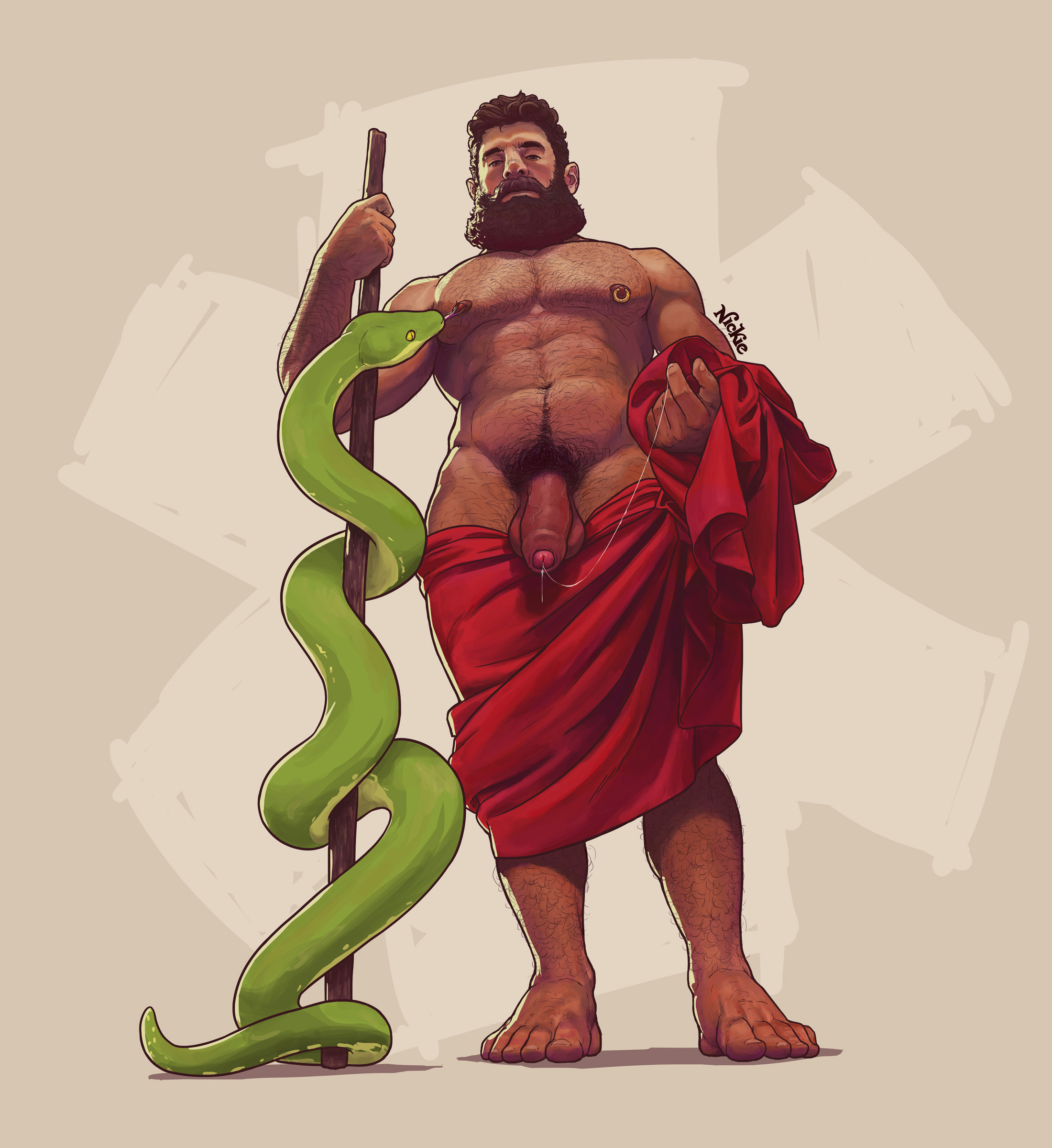 asclepius, bara, beard, deity, erection, feral, greek mythology, human, male, male focus, male only, muscular, nickie charles, penis, precum, snake, standing, yaoi