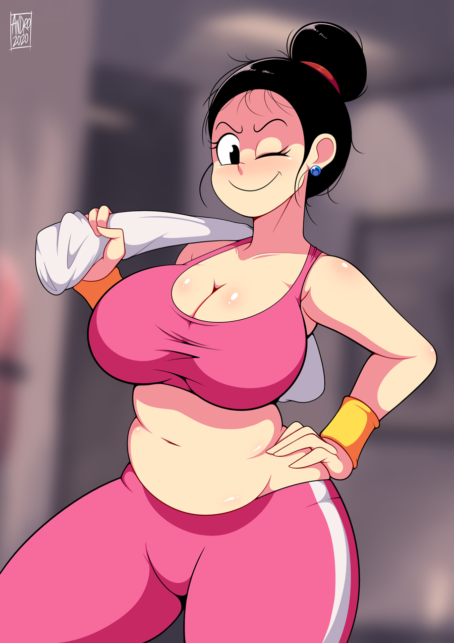 1girls, androjuniarto, belly, big breasts, black hair, blush, breasts, chichi, chubby, chubby female, dragon ball, dragon ball z, earrings, female, large breasts, light skin, light-skinned female, one eye closed, pale skin, pale-skinned female, sports uniform, towel