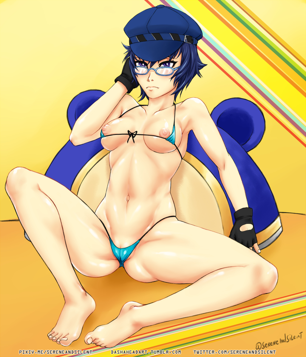 breasts glasses hat micro_bikini nipples persona persona_4 sereneandsilent shirogane_naoto