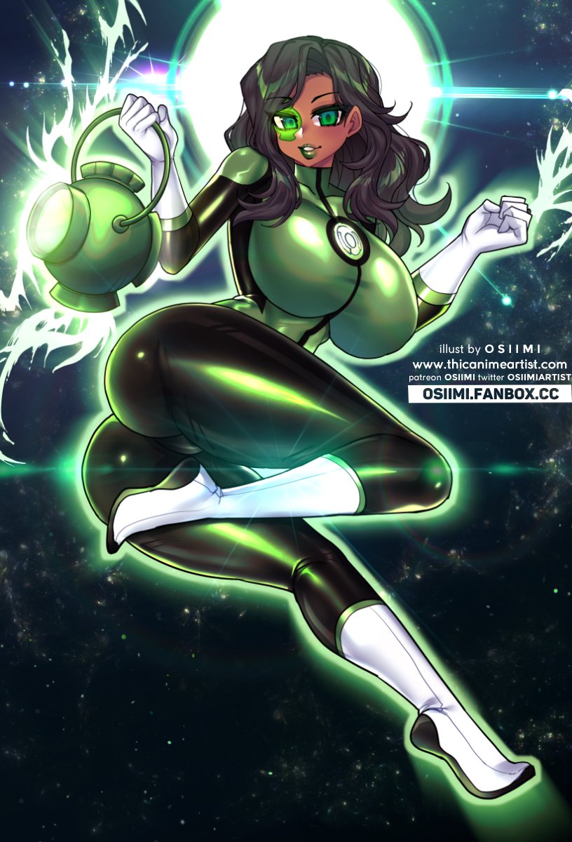 alternate breast size, ass, big ass, big breasts, big butt, bodysuit, breasts, curvy, dark hair, dark skin, dark-skinned female, dc, dc comics, female, female superhero, floating, green eyes, green lantern, green lipstick, huge ass, huge breasts, huge butt, jessica cruz, latina, looking at viewer, osiimi, superheroine, thick thighs, thunder thighs