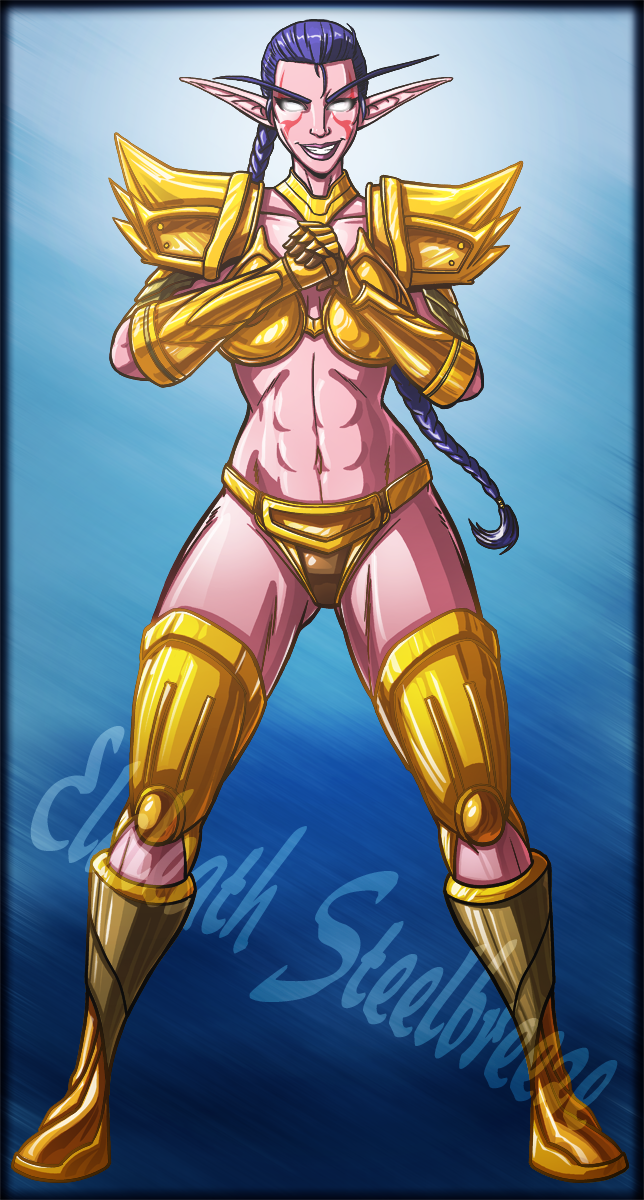 bikini_armor blue_hair elaleath elaleath_steelbreeze female gold_(metal) juno6 kaldorei night_elf pink_skin world_of_warcraft