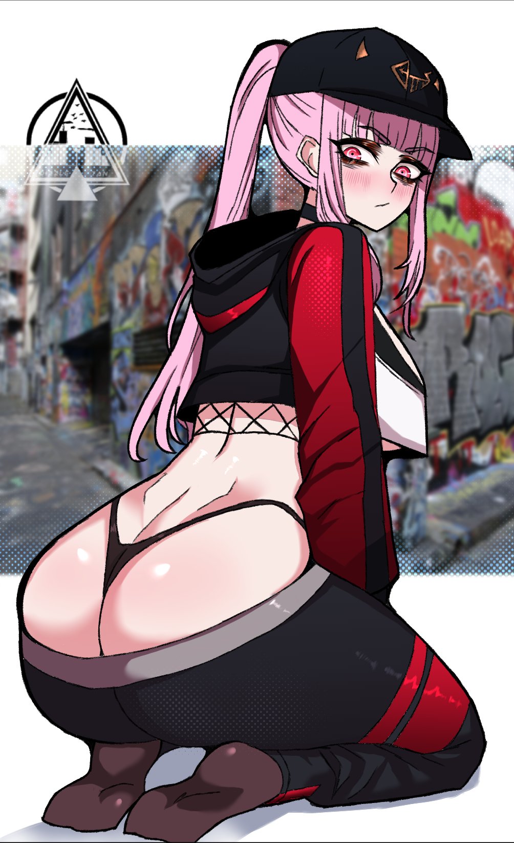 ass bags_under_eyes baseball_cap black_hat black_panties blush breasts choker dizzle female fishnet_top fishnets halftone_texture hat highres hololive hololive_english hood hoodie huge_ass jacket kneeling large_breasts long_hair looking_back mori_calliope mori_calliope_(streetwear) multicolored_clothes multicolored_jacket no_shoes panties pants pink_eyes pink_hair ponytail sidelocks socks sweatpants two-tone_jacket underwear virtual_youtuber